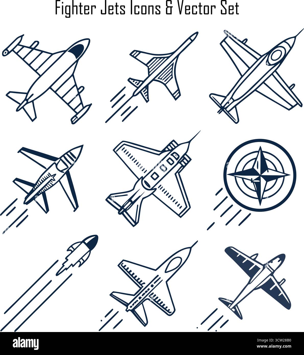 Kampfflugzeug-Symbole setzen Vektorillustration von Militärflugzeugen und Luftfahrtsymbolen Stock Vektor