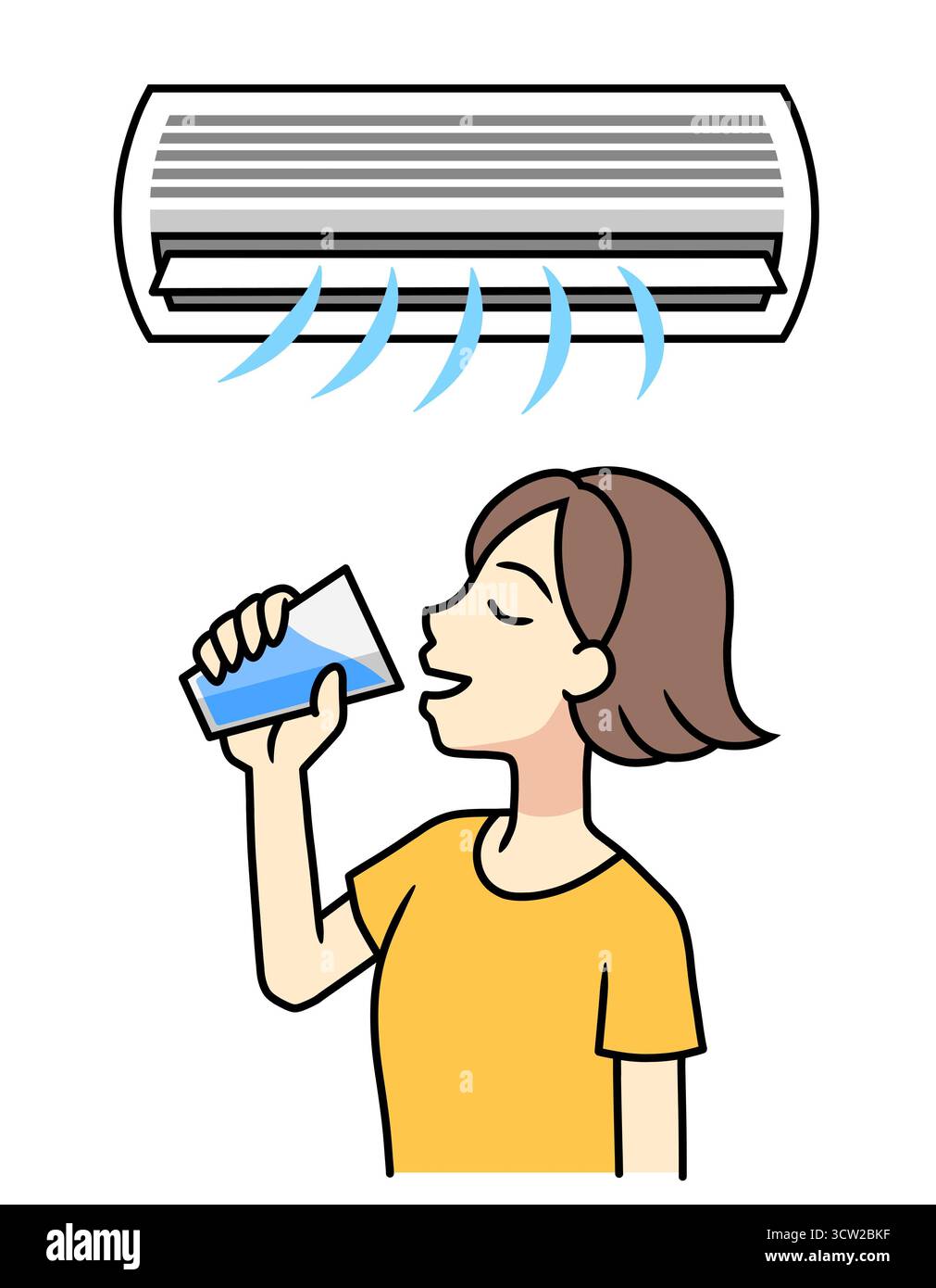 Eine junge Frau trinkt Wasser mit Klimaanlage Stockfoto