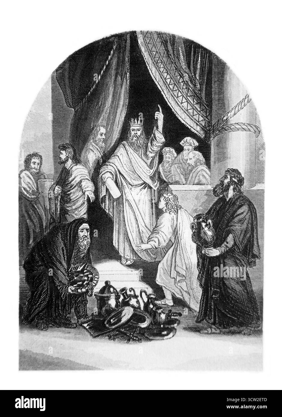 Illustration der Israeliten, die König David für den Tempel opferten (Chroniken) aus der antiken Bibel des 19. Jahrhunderts (1851) Stockfoto