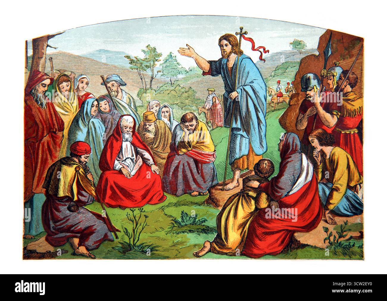 Illustration von Johannes dem Täufer, der in der Wildnis von Judäa predigt (Matthäus), aus dem 19. Jahrhundert Bildsonntagslesungen von Reverend William Ow Stockfoto