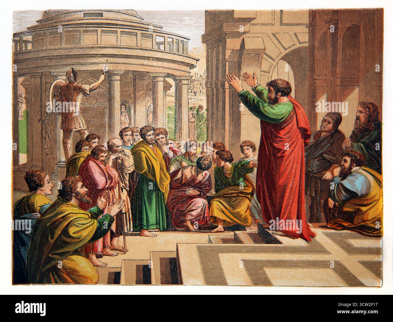 Illustration der Predigt Paulus in Athen (die Areopagus-Predigt) Apostel aus dem 19. Jahrhundert Bildsonntaglesungen von Reverend Willi Stockfoto