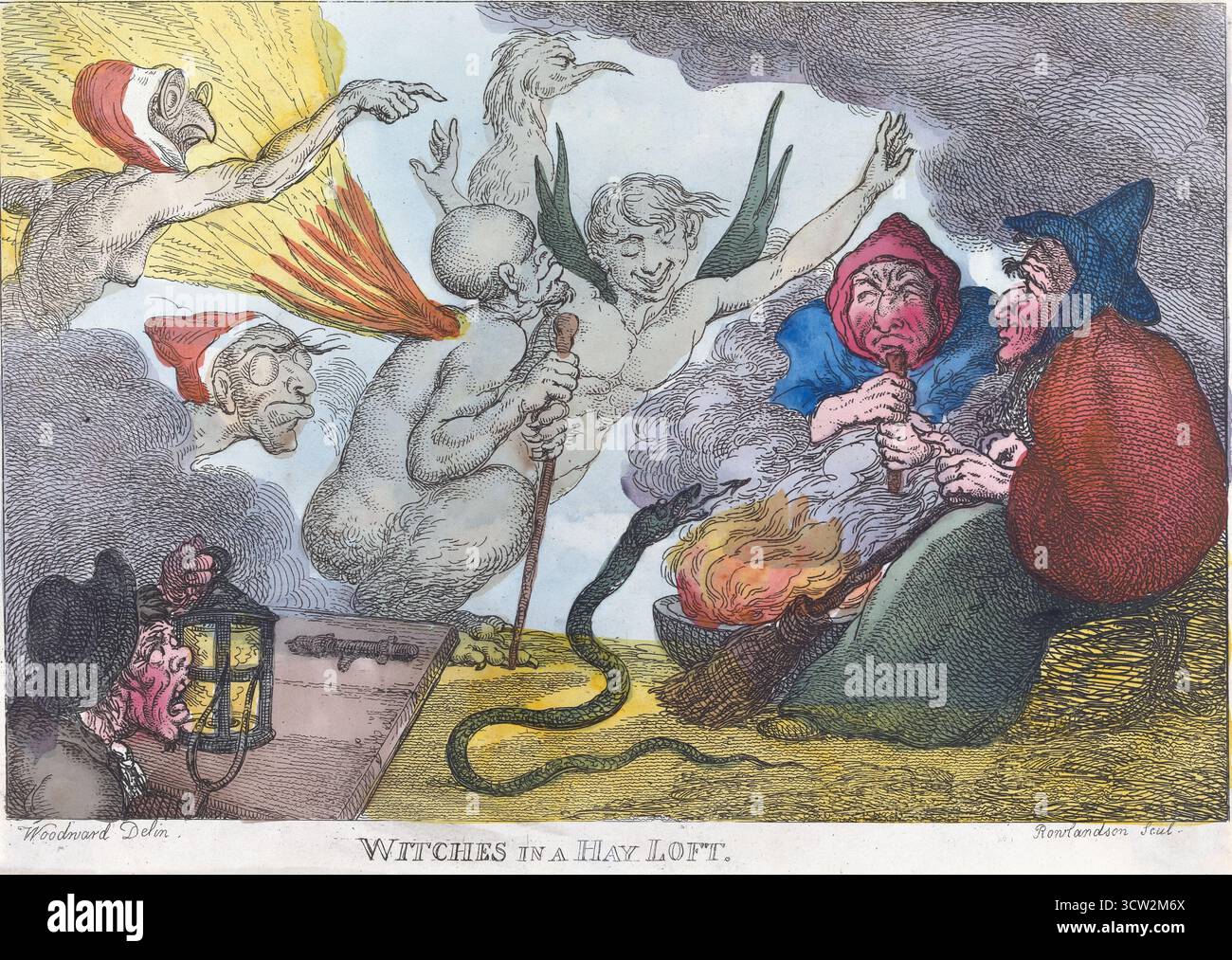 Ein gedruckter farbiger Gravur von Hexen in einem Heuboden, Aquarellgravierung auf Papier Vintage 1813 19. Jahrhundert von Thomas Rowlandson antikes Druckkunstwerk menschliche Karikaturen, Vintage-Cartoon-Druck. Das Bild zeigt einen Mann, der zwei Hexen in einem Heuboden entdeckt, die dabei sind, magische Kreaturen zu zaubern Stockfoto