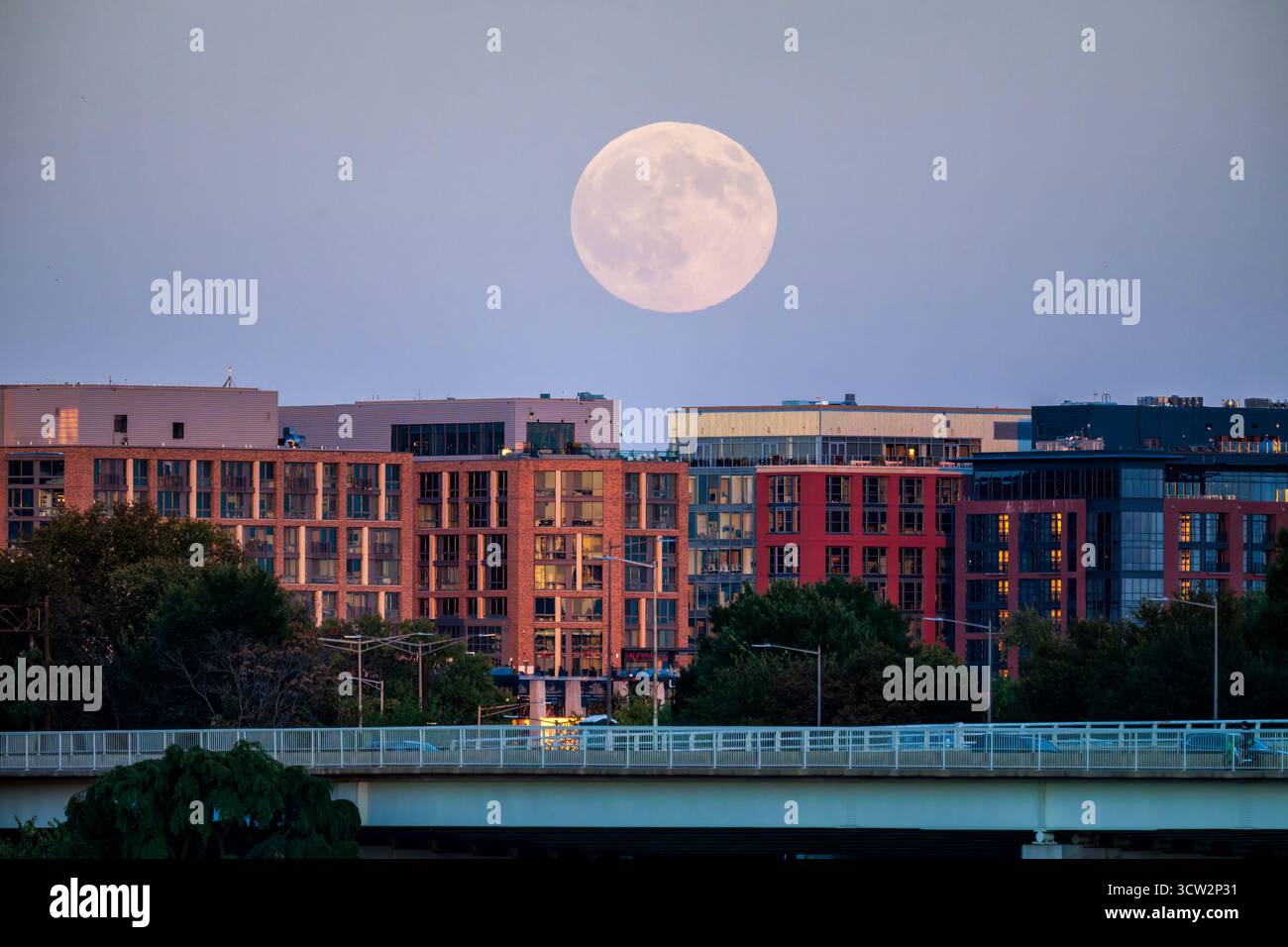 Harvest Moon on over Southwest Waterfront Skyline Washington DC // WASHINGTON DC – der Harvest Moon im Oktober 2025 erhebt sich am 6. Oktober 2025 über die 14th Street Bridge und die Gebäude der Southwest Waterfront Skyline. Der Erntemond ist traditionell der Vollmond, der der herbstlichen Tagundnachtgleiche am nächsten kommt. Die 14th Street Bridge, offiziell die Arland D. Williams Jr. Die Memorial Bridge führt über die Interstate 395 über den Potomac River. Sie verbindet Washington DC mit Arlington, Virginia. Die Southwest Waterfront ist ein lebhaftes, renoviertes Stadtviertel mit modernen Wohn- und Geschäftsgebäuden. Stockfoto