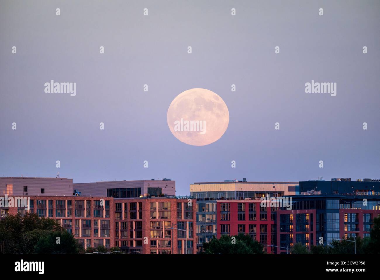 Harvest Moon über der Skyline der Südwestküste Washington DC // WASHINGTON DC — der Harvest Moon im Oktober 2025 erhebt sich am 6. Oktober 2025 über der Skyline der Südwestküste. Der Vollmond ist über der 14th Street Bridge und zahlreichen modernen Gebäuden im lebendigen Southwest Waterfront District zu sehen. Der Harvest Mond ist der Vollmond, der der herbstlichen Tagundnachtgleiche am nächsten kommt, die typischerweise im September oder Oktober stattfindet. Dieses umgestaltete Gebiet entlang des Potomac River ist ein herausragender Teil der Stadtlandschaft von Washington DC. Stockfoto