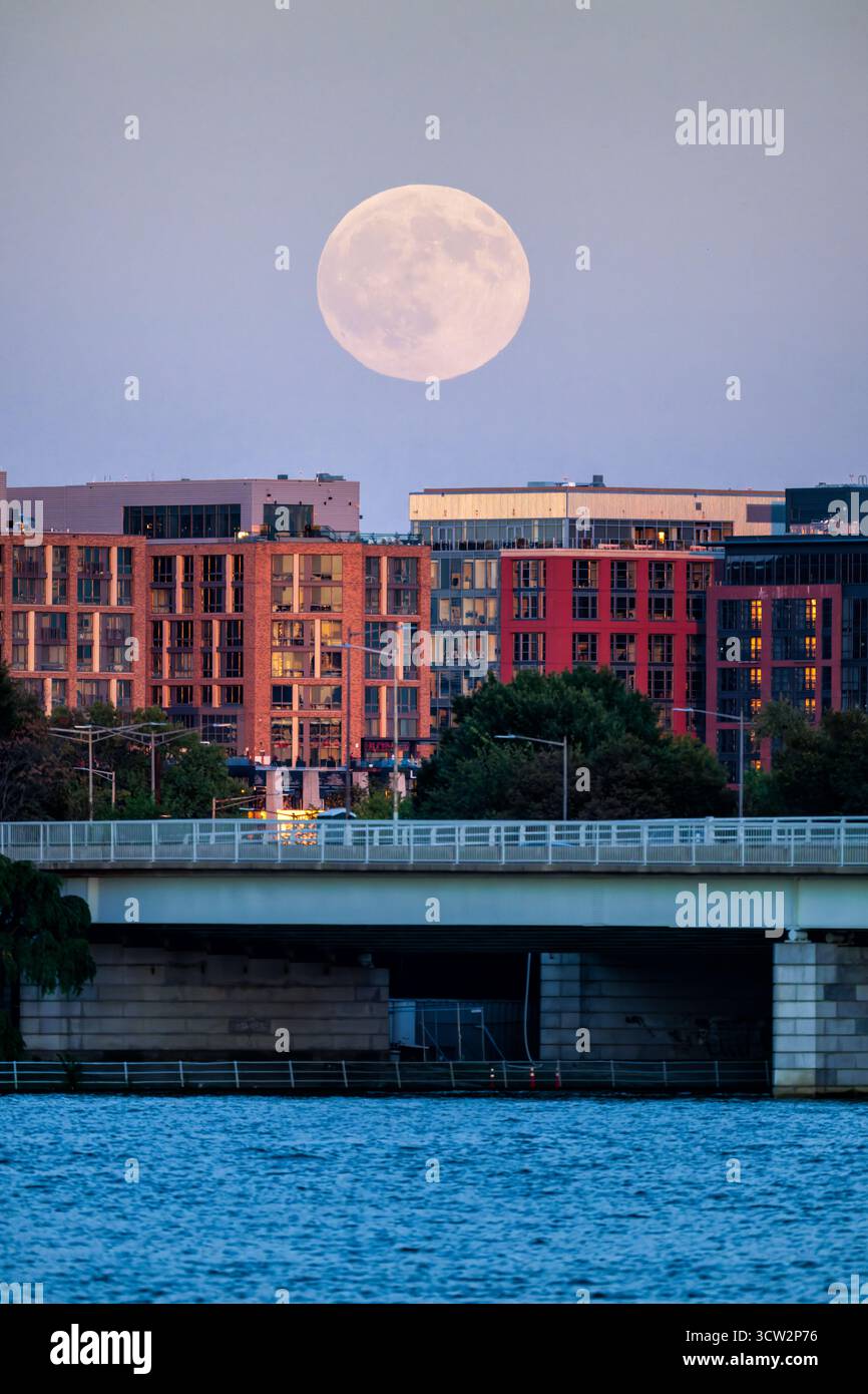 Harvest Moon over 14th Street Bridge Southwest Waterfront Washington DC // WASHINGTON DC — der Harvest Moon vom Oktober 2025 steigt am 6. Oktober 2025 über die 14th Street Bridge und die Skyline der Southwest Waterfront auf. Dieser Vollmond, der der herbstlichen Tagundnachtgleiche am nächsten kommt, erleuchtet den Potomac River. Der 14th Street Bridge Complex verbindet Washington D.C. mit Arlington, Virginia, über die Hauptstraßen und Eisenbahnlinien. Die Southwest Waterfront ist ein lebhaftes Viertel, das für seine moderne Entwicklung und kulturelle Attraktionen am Washington Channel bekannt ist. Diese Ansicht erfasst das städtische lan Stockfoto