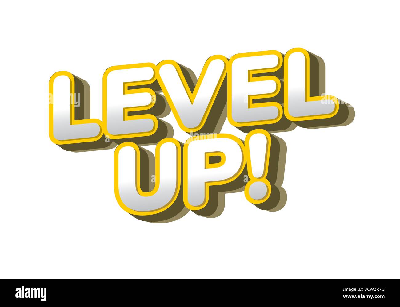 Eine lebendige Grafik mit dem Satz „Level Up“! Dreidimensionale Buchstaben in Fettdruck mit gelber Umrandung und Schatteneffekt vermitteln ein Gefühl von exci Stock Vektor