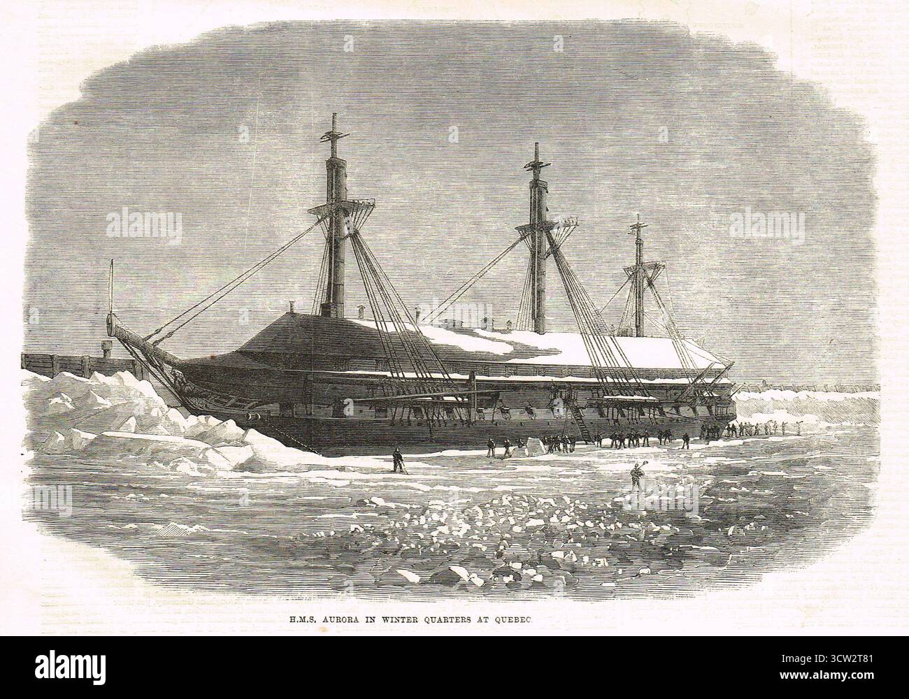 HMS Aurora im Winterquartier in Quebec, Kanada, 1867. Sie wurde 1866 eingesetzt, um britische Interessen in Kanada während der kanadischen Fenianer zu verteidigen. Stockfoto