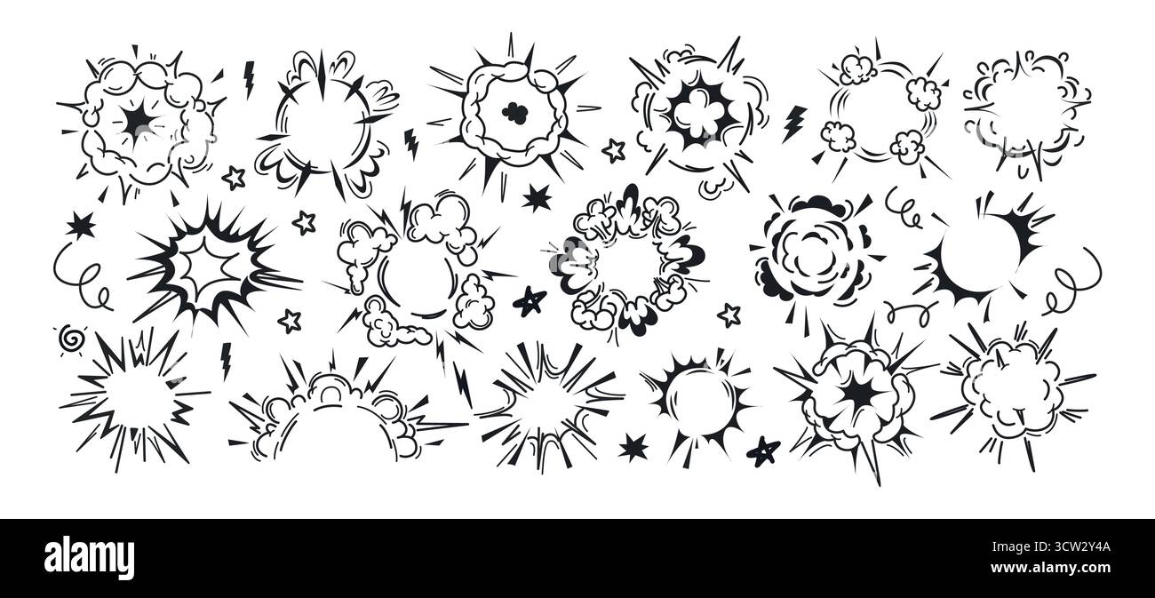 Explosion von Radialkraftbomben, Wolken, Rahmen oder Blasen. Sprengwirkung von Dynamit, runde atomare Rauchelemente mit Blitzfeuer. Vektorsatz von Explosionsblättern. Schwarzes Symbol für Puff Motion Stock Vektor