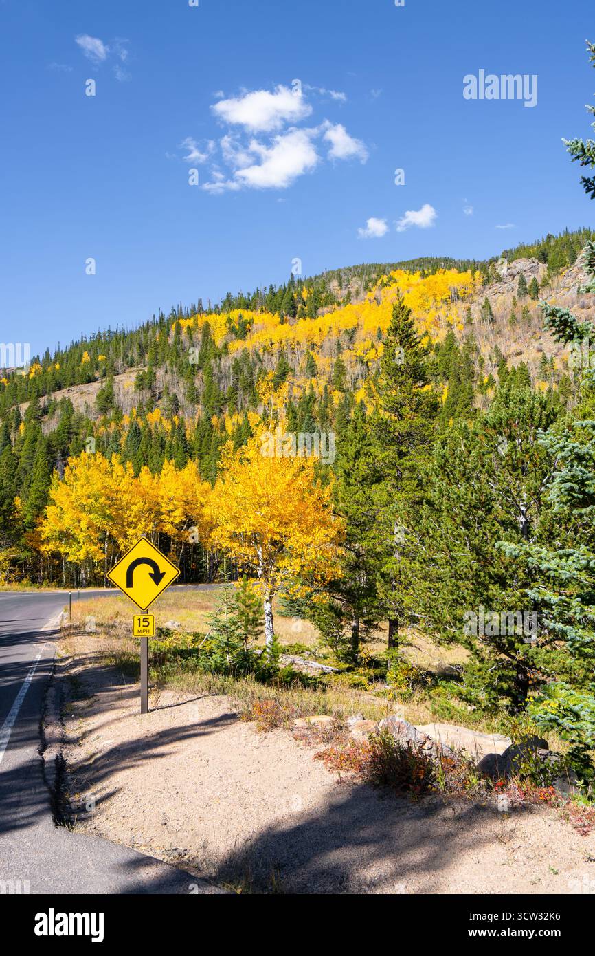 Herbst in den Rocky Mountains, mit einer malerischen Straße gesäumt von lebhaftem Laub mit gelben Espenbäumen Stockfoto