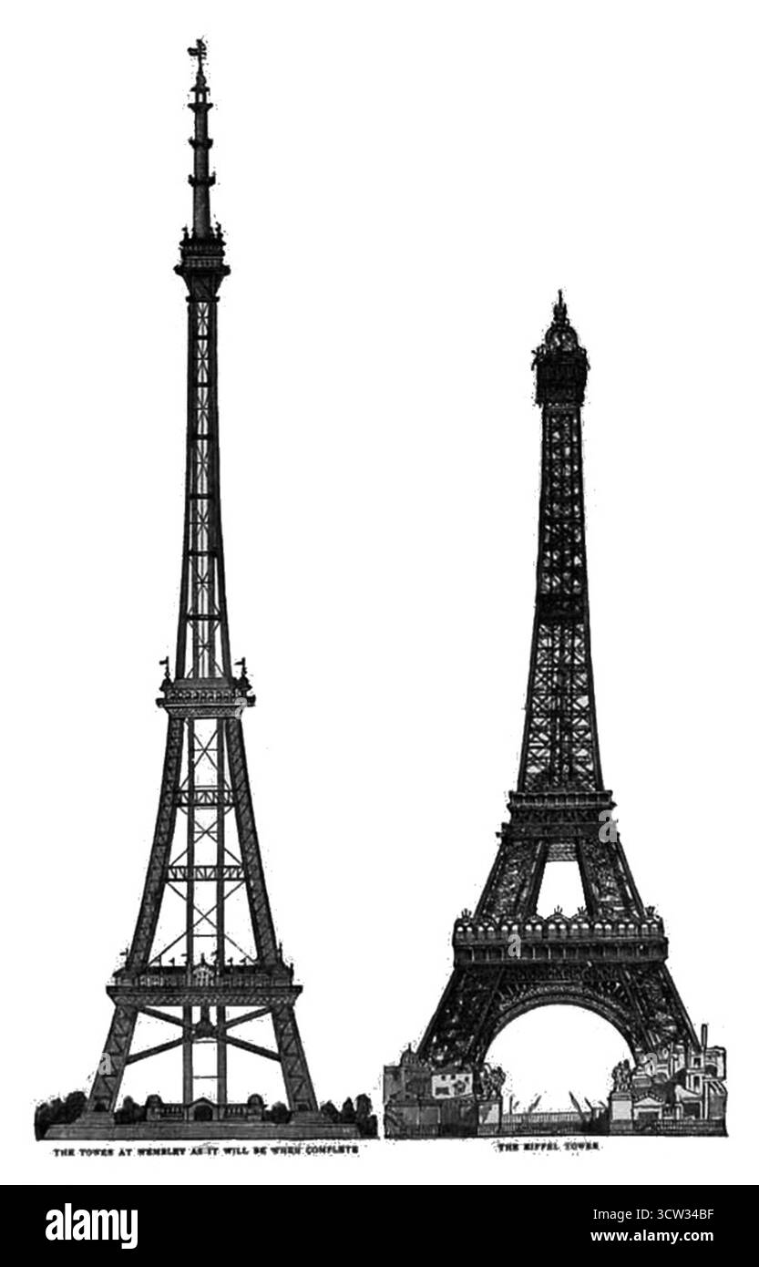 „Grafischer Vergleich von Watkin’s Tower und Eiffelturm“ Stockfoto