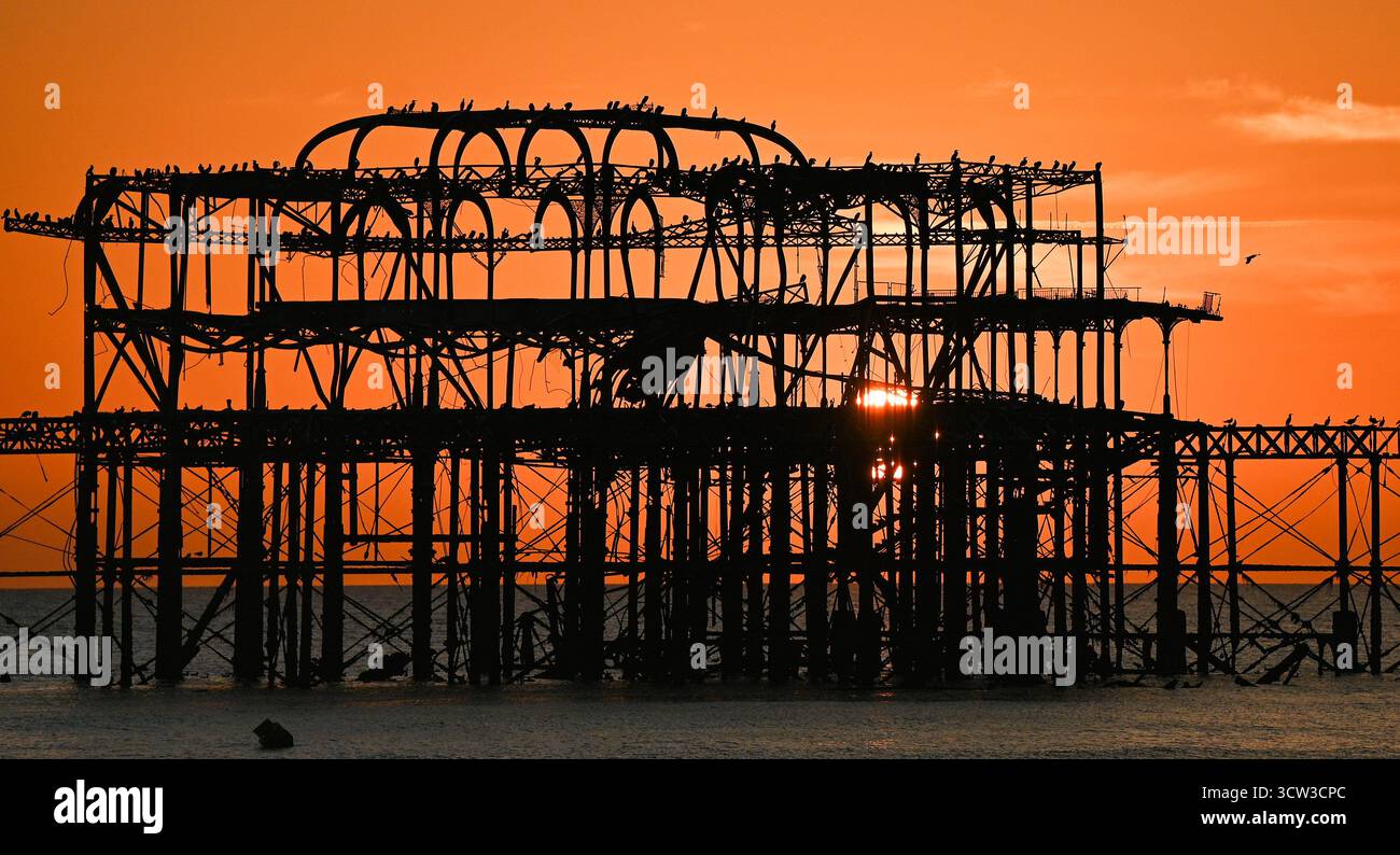 Brighton UK 9. Oktober 2025 - Kormorane genießen einen wunderschönen Sonnenuntergang über dem Brighton West Pier nach einem weiteren warmen Tag entlang der Südküste: Credit Simon Dack / Alamy Live News Stockfoto