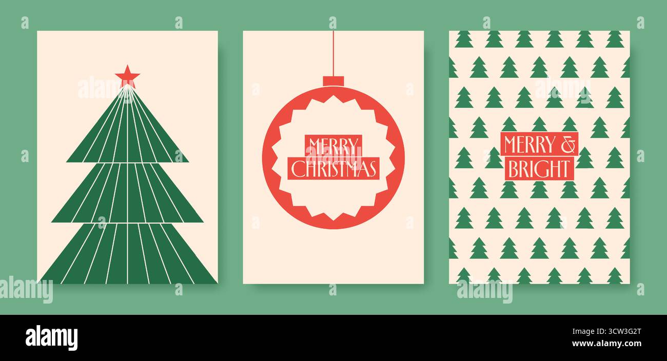 Set aus Retro-Weihnachtskarten mit geometrischen Bäumen und Ornamenten in minimalistischem Stil in Rot und Grün. Vektorabbildung Stock Vektor