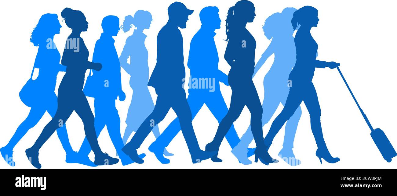 Menschenmenge, die in den Schlangenlinien läuft. Vektor-Illustration verschiedener Männer und Frauen, die reisen, pendeln oder in der Warteschlange stehen, in Blautönen Stock Vektor