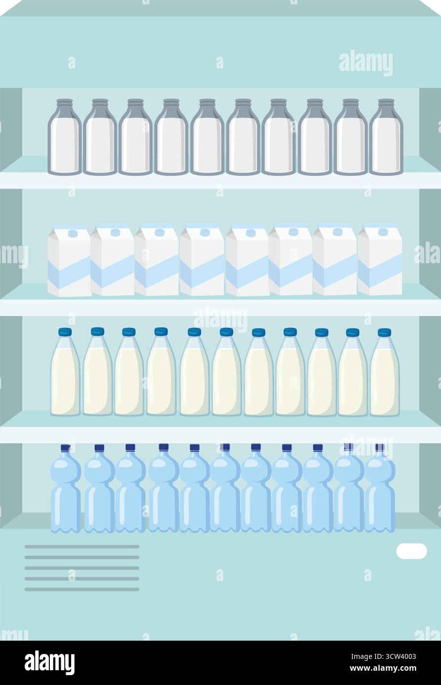 Supermarktregal mit Lebensmittelprodukten im Inneren, flaches Cartoon-Design Stock Vektor