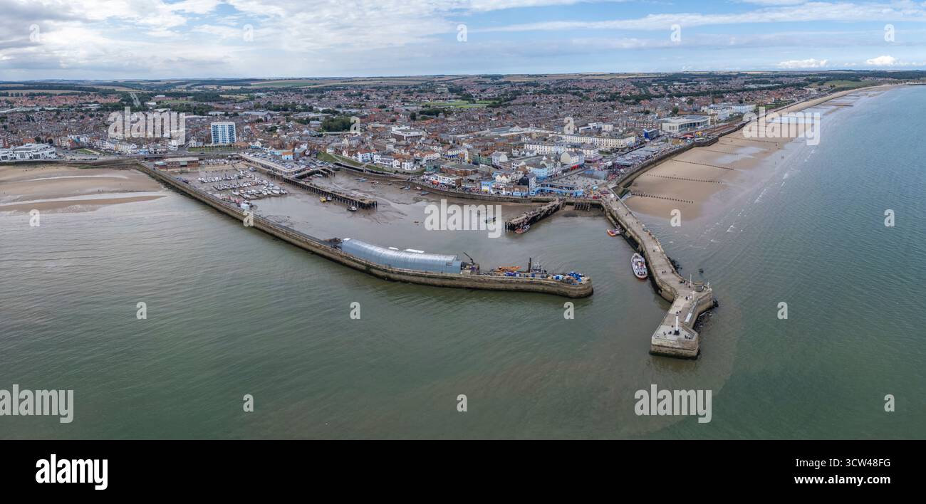 Panoramablick auf den Hafen in Bridlington, East Yorkshire, Großbritannien. Stockfoto