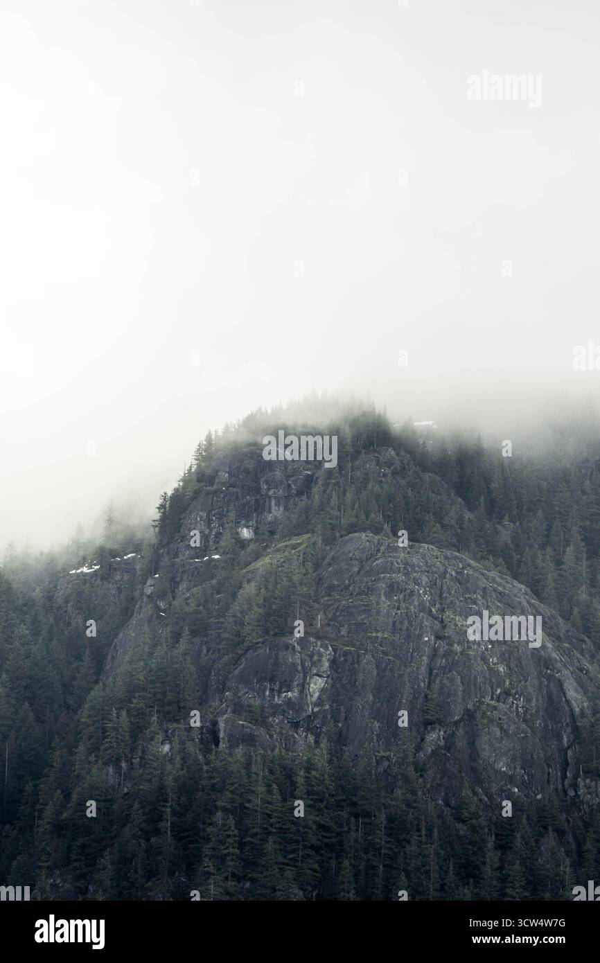 Eine nebelige Szene mit einem zerklüfteten Berg, der von Bäumen bedeckt ist und Nebel um den Gipfel wirbelt. Die Atmosphäre fühlt sich geheimnisvoll und heiter an während eines C Stockfoto