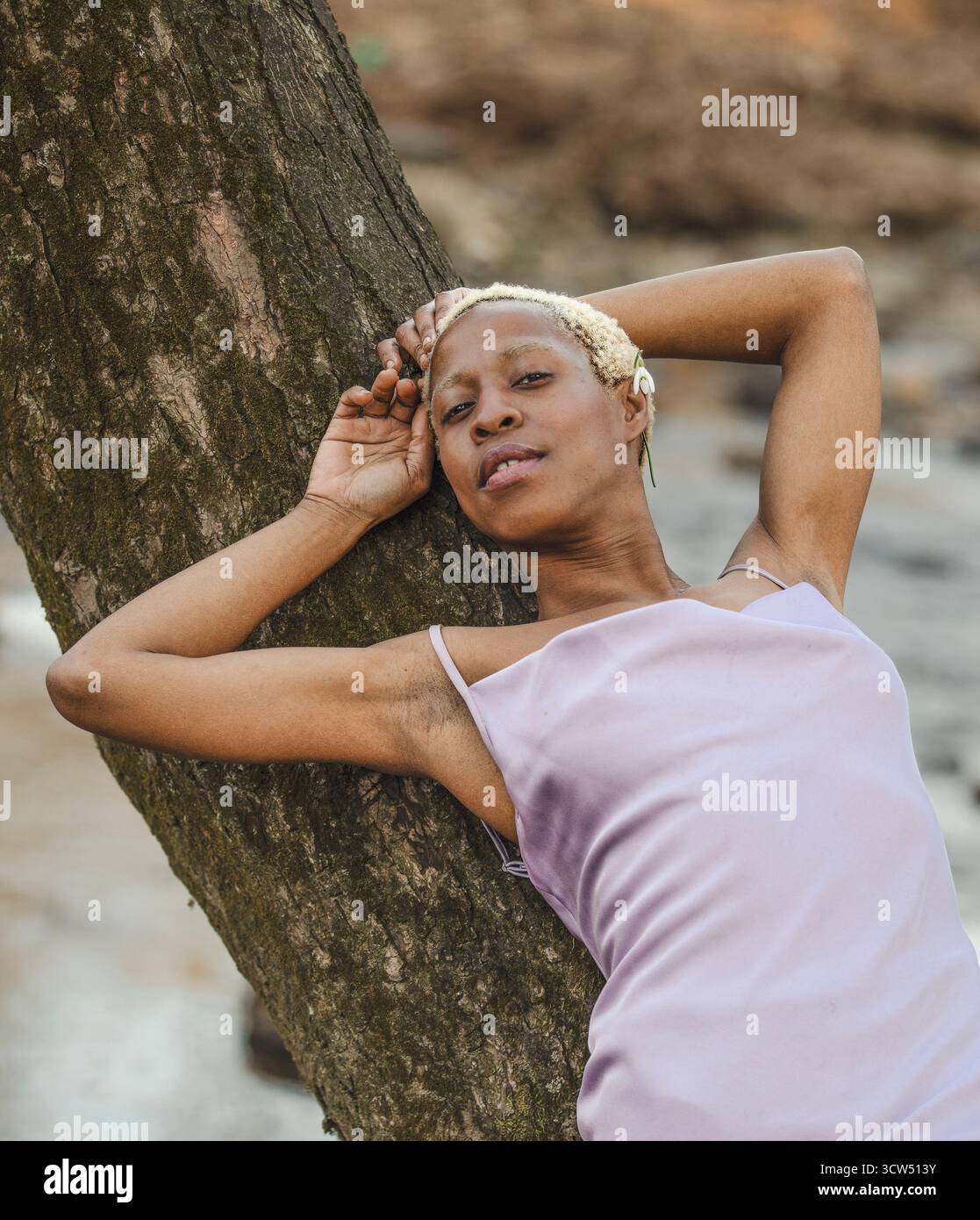 Eine schwarze Frau im Lavendelkleid lehnt sich an einen großen Baum. Im Hintergrund verwischen blattlose Bäume, die den Eindruck einer ruhigen Natur erwecken. Stockfoto
