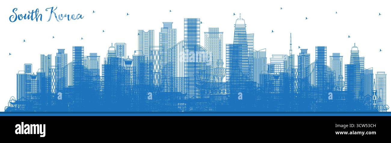 Die Skyline der Stadt Südkorea mit blauen Gebäuden umreißen. Vektorabbildung. Business Travel and Tourism Concept mit historischer Architektur. Südkorea Stock Vektor