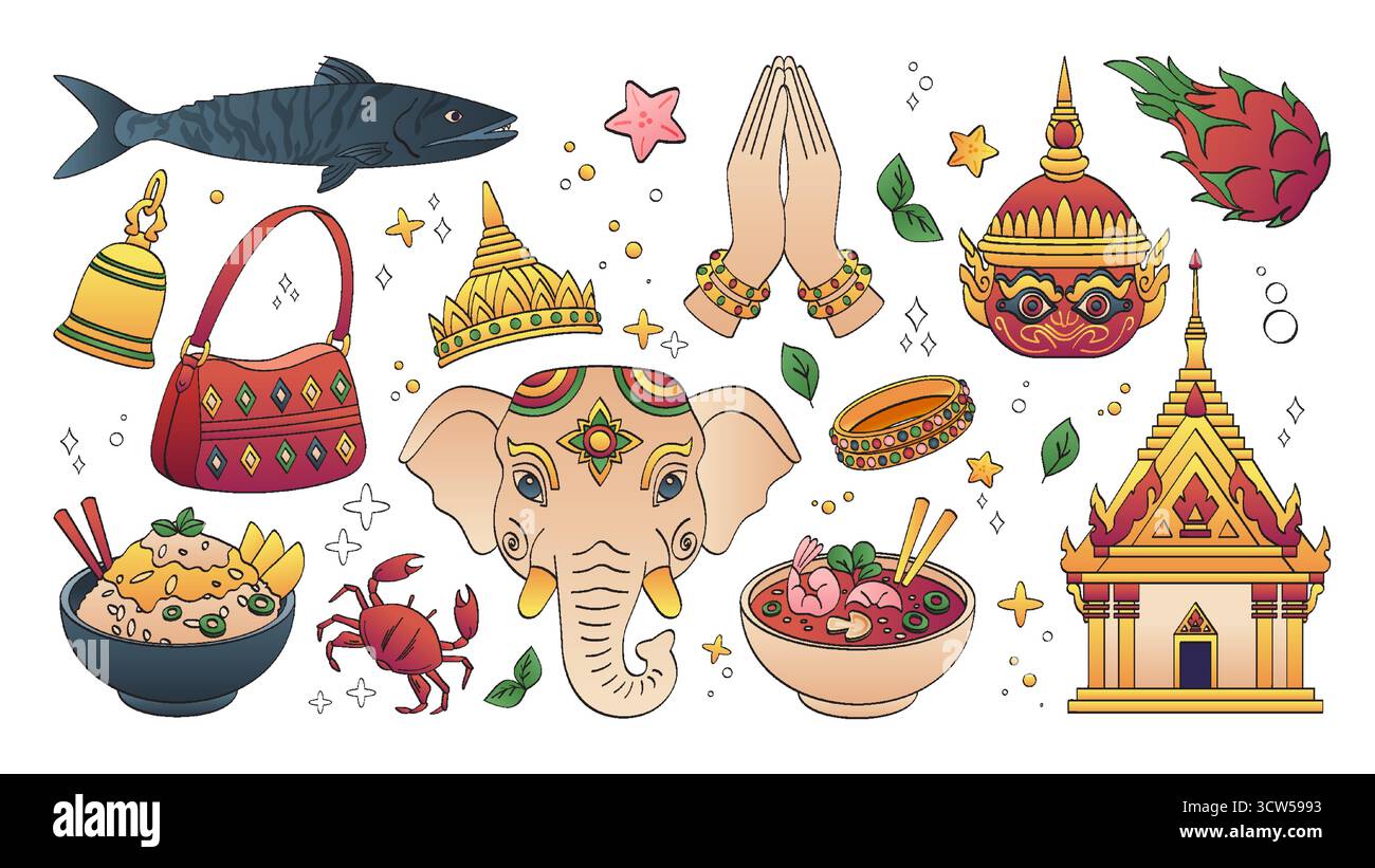 Farbenfrohe thailändische Kultursymbole - verzierter Elefantenkopf mit goldenem Schmuck, traditionelle buddha-Tempelpagode, dekorative Dämonenmaske, betende Hände, Küchenschalen, gestickte Handtasche und Essen. Stock Vektor