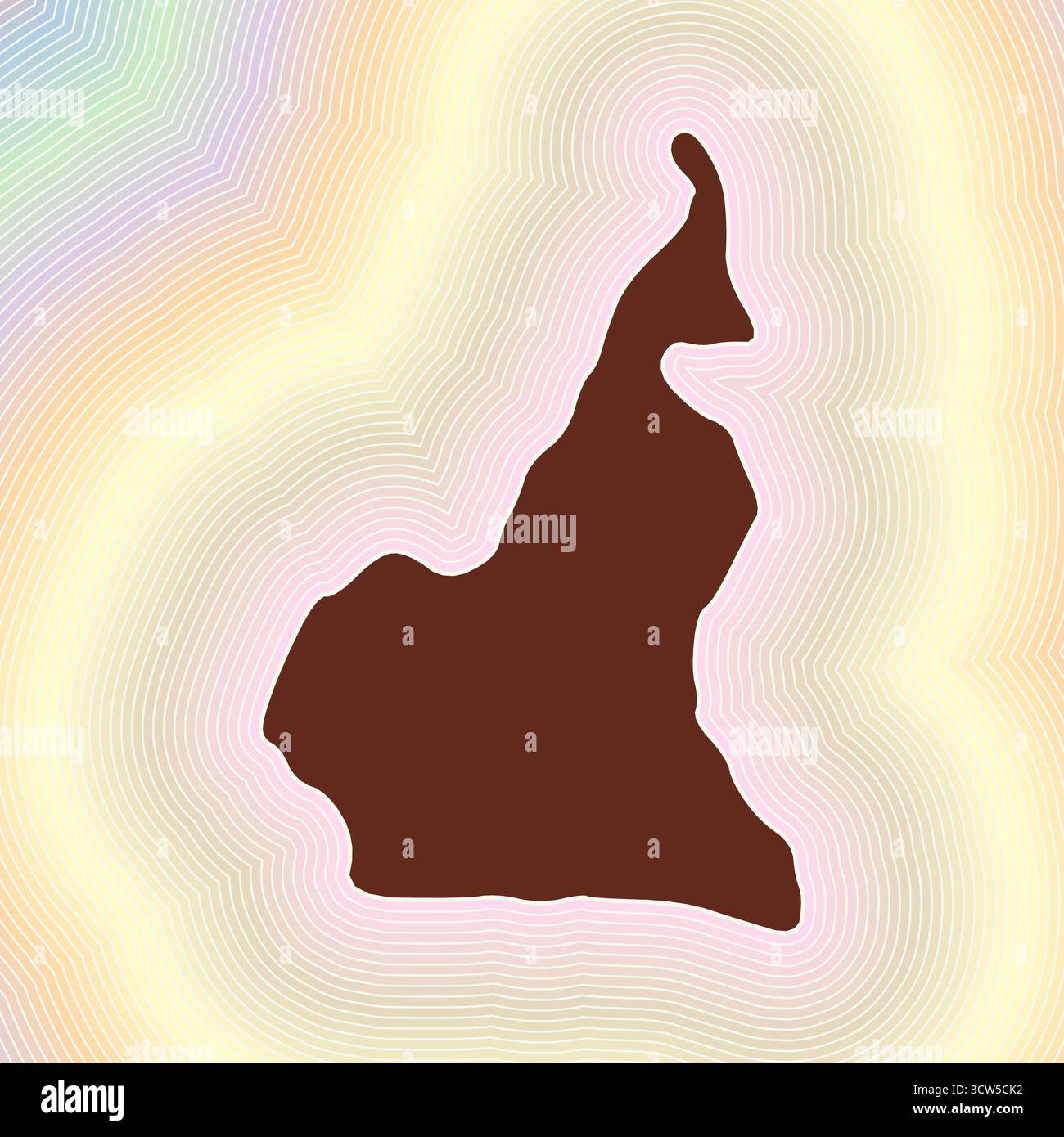 Kamerun Kartensymbol. Ländliche Form auf leuchtend gestreiftem verlaufendem Hintergrund. Kamerun lebendiges Poster. Authentische Vektorillustration. Stock Vektor