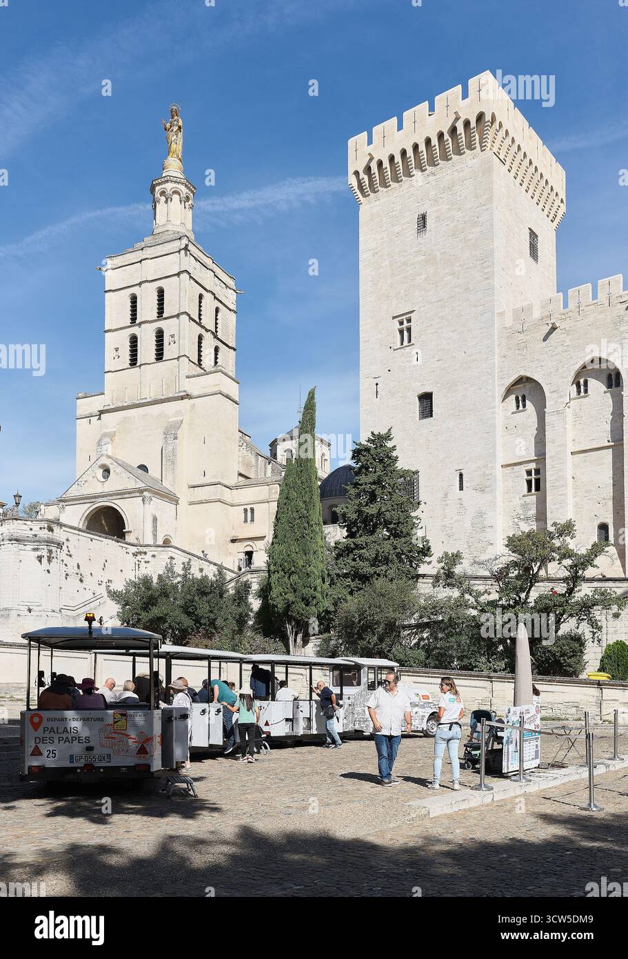 Der Touristenzug hielt am Place du Palais, vor dem Palast der Päpste und der Kathedrale unserer Lieben Frau von den Doms, in der ummauerten Stadt Stockfoto
