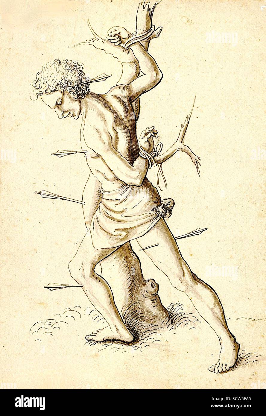 Jörg Schweiger - (um 1470/80 in Augsburg geboren und am 18. April 1533 in Basel gestorben) - Märtyrer durchbohrt von Pfeilen in einem Baum Stockfoto
