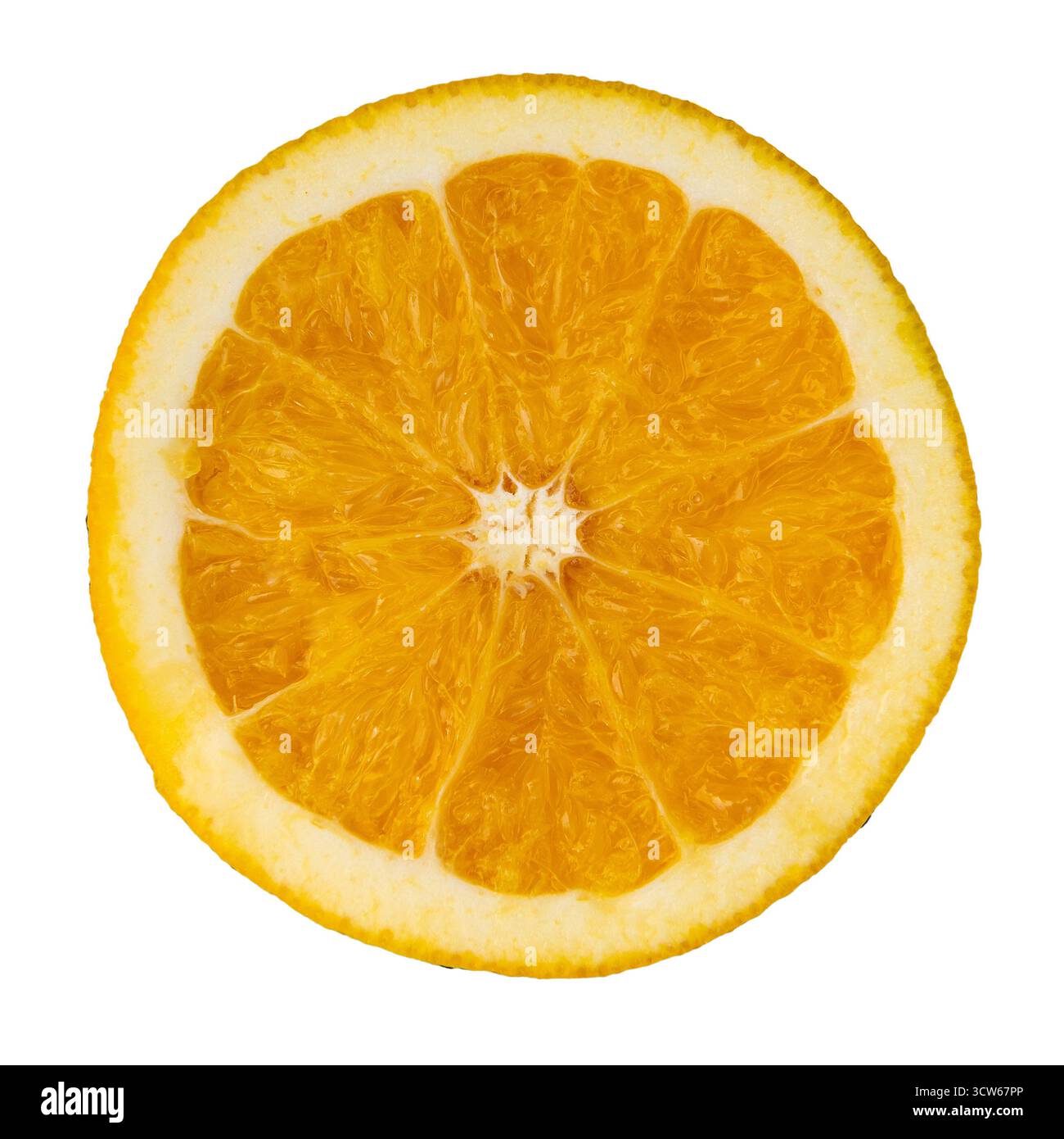 Makrobild von oben einer orangefarbenen Schicht mit Textur, Fruchtfleisch und saftiger natürlicher Farbe. Stockfoto