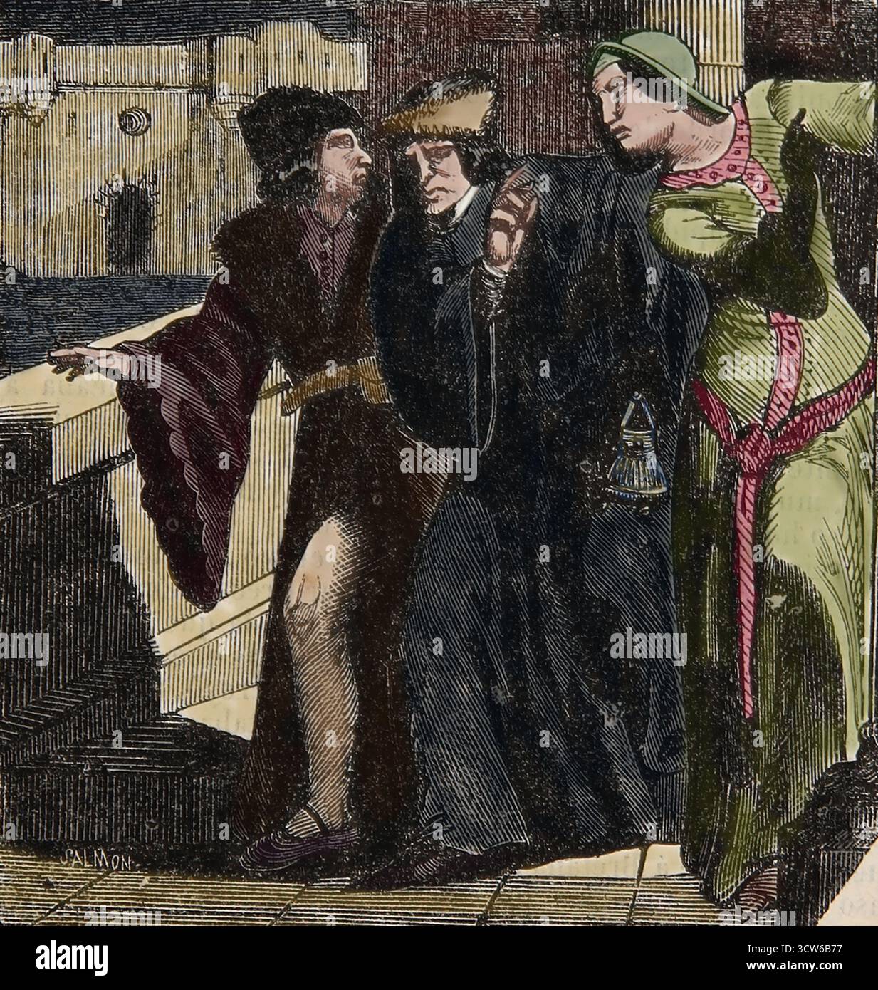 Vereinigung der Bretagne mit dem Königreich Frankreich. Anne von der Bretagne Flucht. Anne, um Ludwig XII. Von Frankreich nicht zu heiraten, um die Rechte der Bretagne zu wahren. Stich, 19. Jahrhundert. Stockfoto