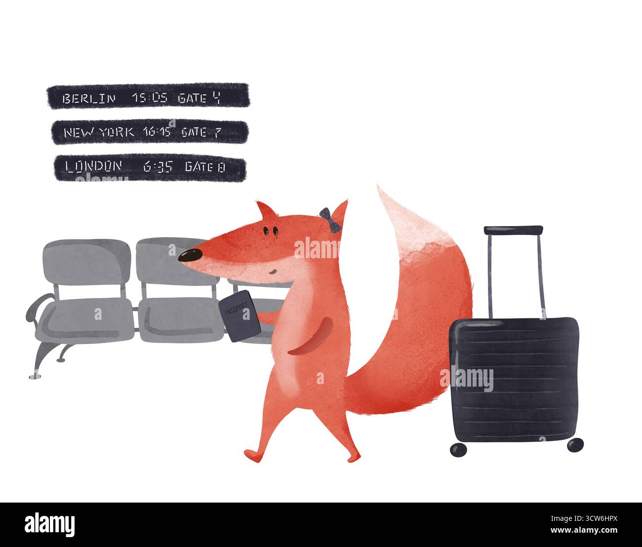 Entzückender Comic Fuchs mit Koffer und Reisepass, der in einem Wartebereich am Flughafen sitzt. Perfekt für Kinderbücher, Reisethemen oder verspielte Designs. Fea Stockfoto