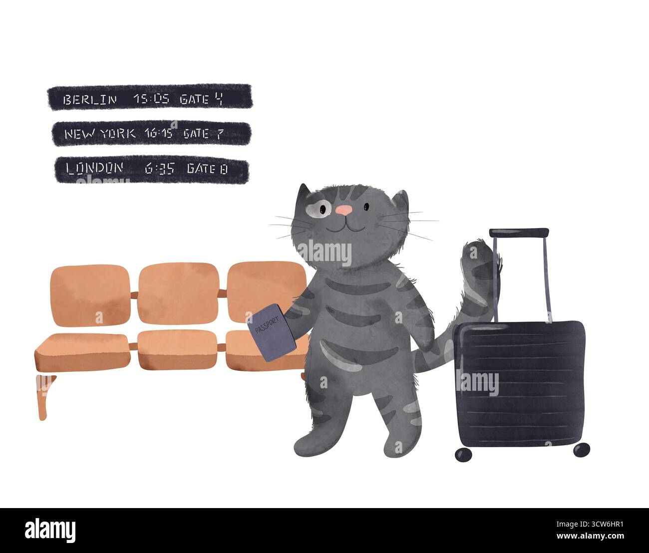 Entzückende Karikaturkatze mit Koffer und Reisepass, sitzt in einem Wartebereich am Flughafen. Perfekt für Kinderbücher, Reisethemen oder verspielte Designs. Fea Stockfoto