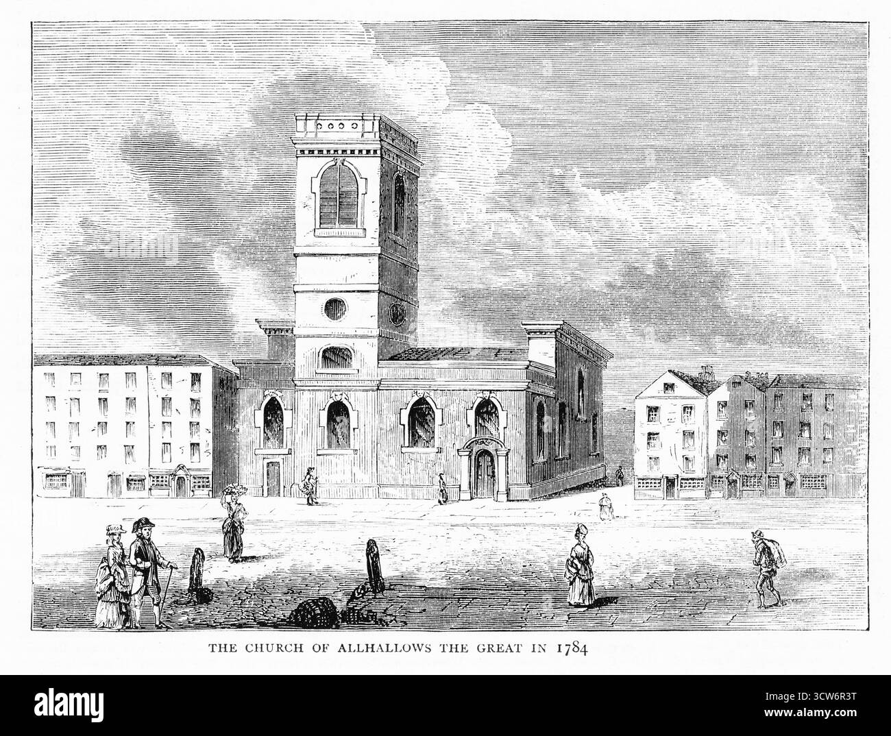 Ein Stich der Kirche von All Hallows the Great aus dem 19. Jahrhundert, wie sie 1784 war, wurde vom Büro von Christopher Wren wiederaufgebaut, nachdem die ursprüngliche Kirche beim Großen Brand von London 1666 zerstört wurde. All-Hallows-the-Great wurde 1894 abgerissen Stockfoto