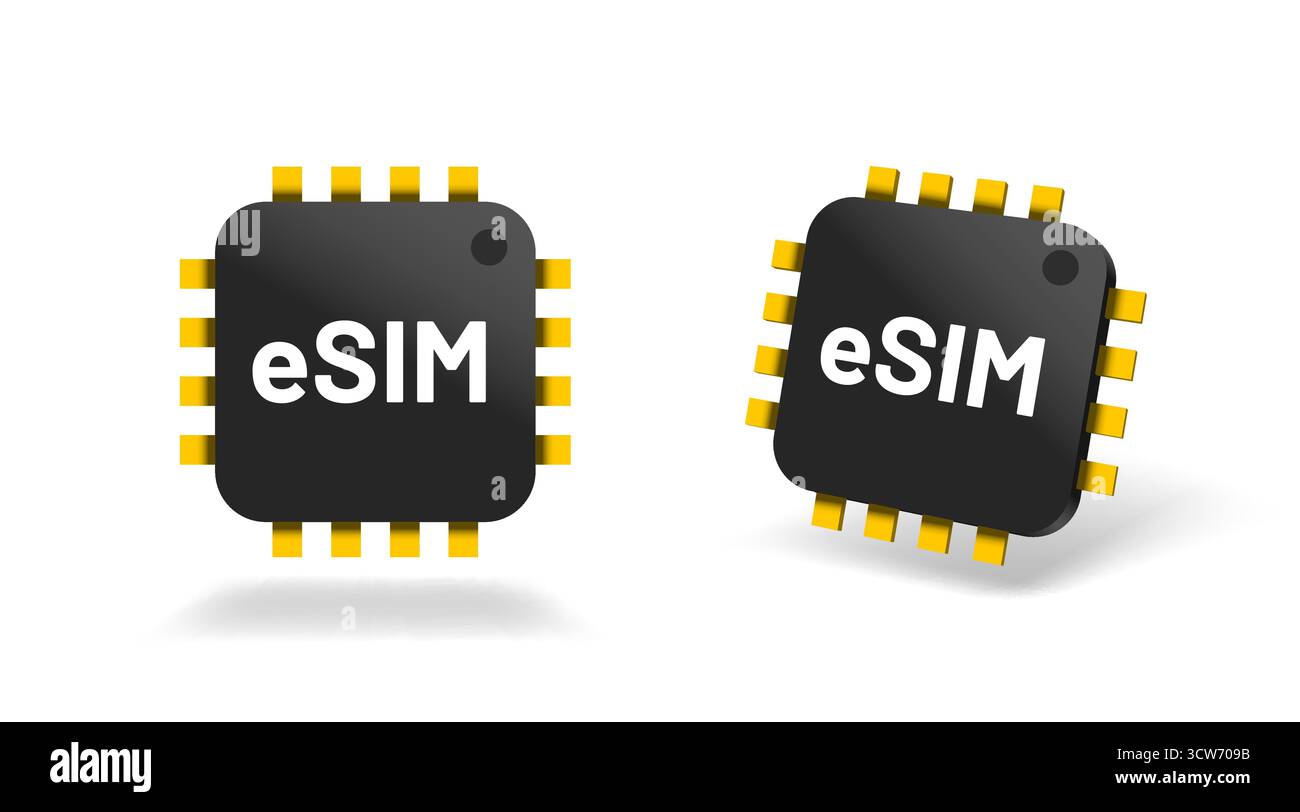 Moderne eSIM-Chips für die integrierte SIM-Kartentechnologie. Eine digitale Lösung für mobile Konnektivität. Vektorabbildung Stock Vektor