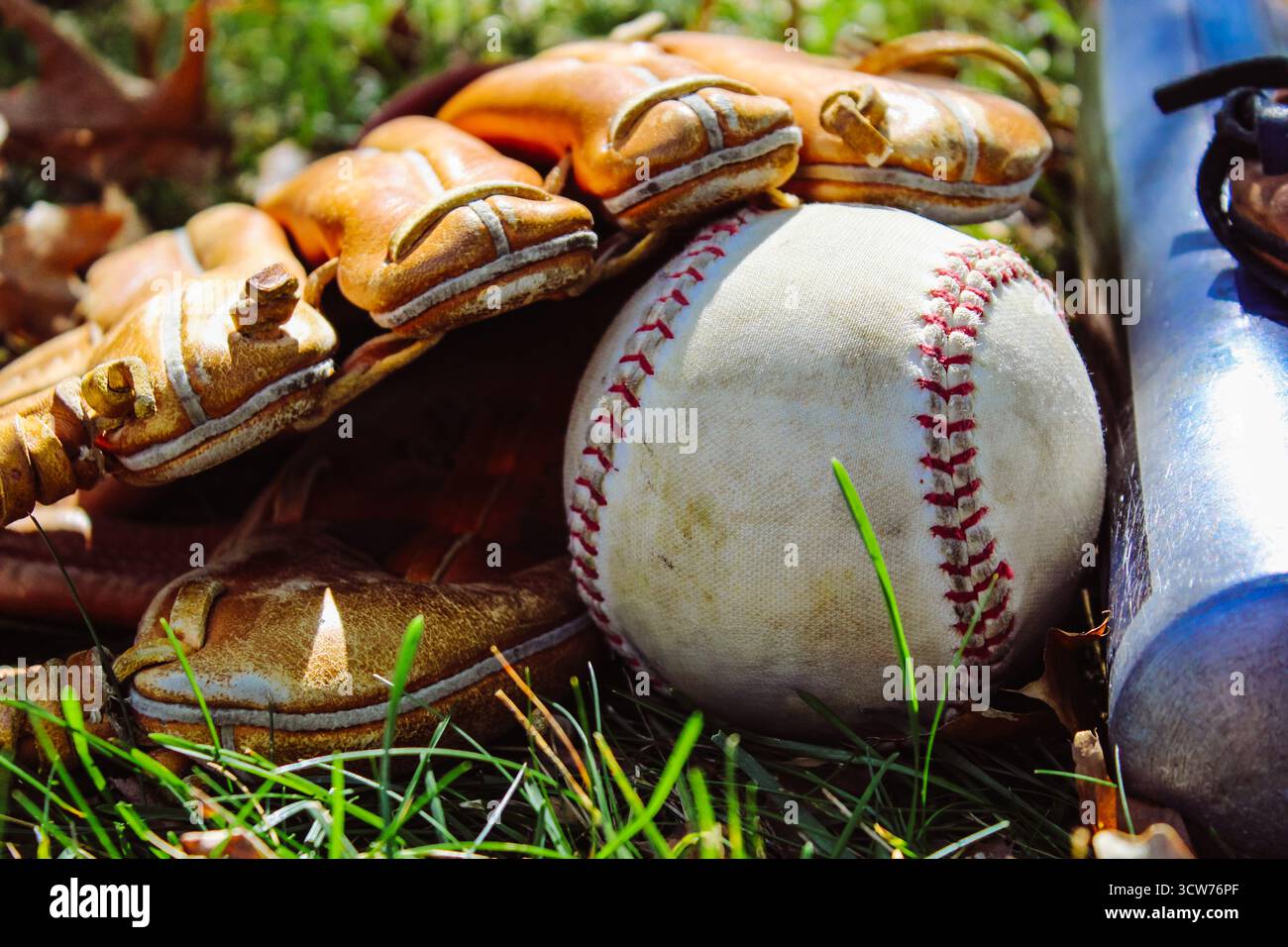 Ein getragener Baseball in der Tasche eines gut gebrauchten Baseballhandschuhs aus Leder mit Textur und verwitterter Patina. Sportliches Designelement Stockfoto