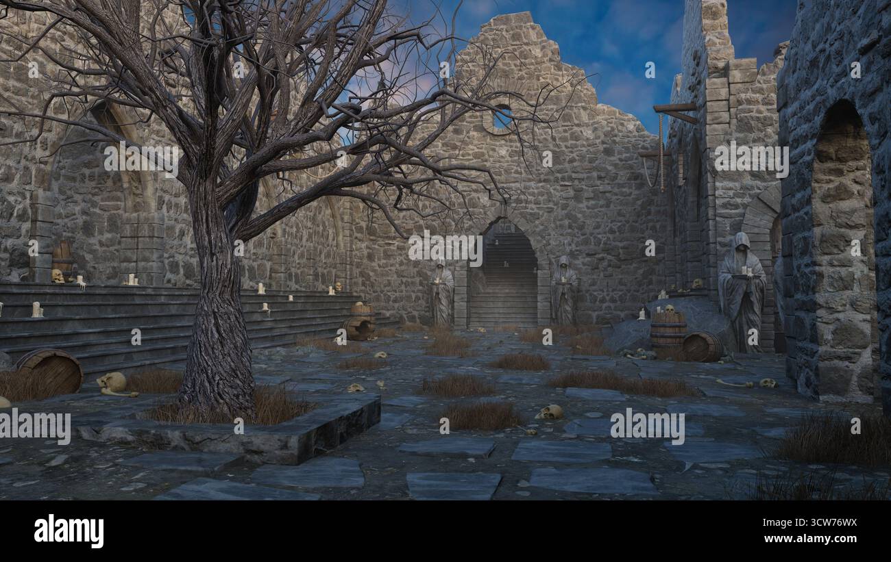 Gruseliger Innenhof mit menschlichen Knochen in einem alten mittelalterlichen Kloster oder Schloss. 3D-gerenderte Abbildung. Stockfoto