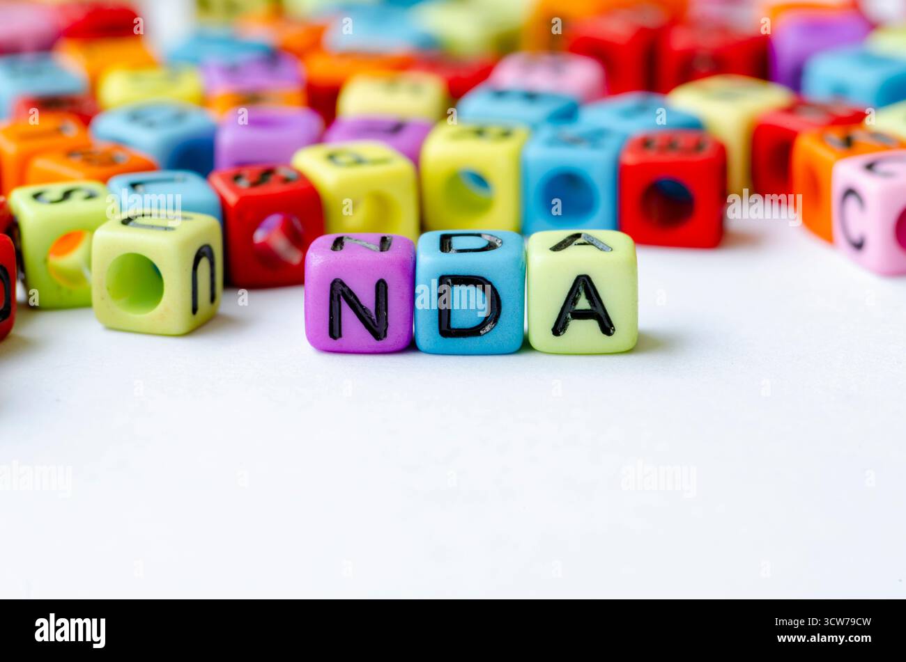 NDA-Text zu mehrfarbigen Würfeln , die die Geheimhaltungsvereinbarung darstellen . Erhaltungskonzept Stockfoto