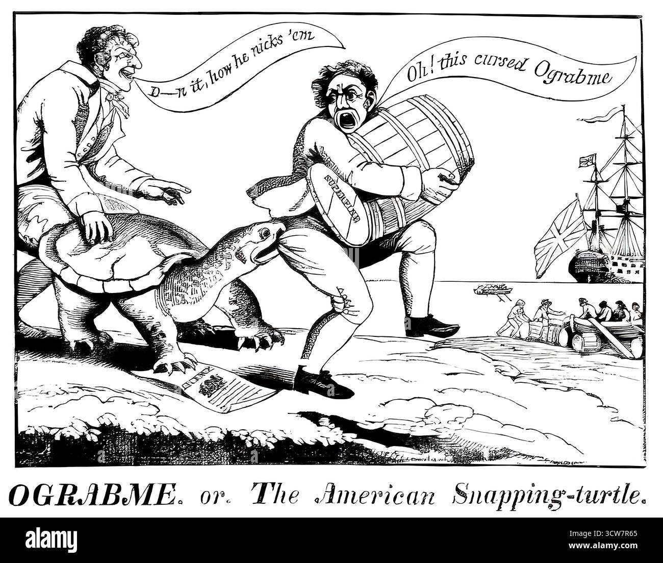 Ein politischer Karikaturfilm gegen Jefferson über den Embargo Act 1807, in dem britische Händler die Schnappschildkröte „Ograbme“, Embargo, fernhielten, geschrieben rückwärts, Thomas Jefferson, 1743–1826, dritter Präsident der Vereinigten Staaten Stockfoto