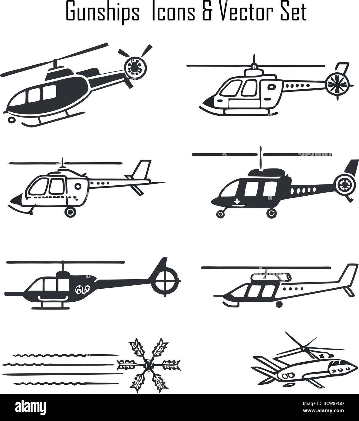 Schießschiff Icons Set – Militärhubschrauber, Angriffsflugzeug, Kampfflugzeug, Luftfahrt-Kampfsymbole Stock Vektor