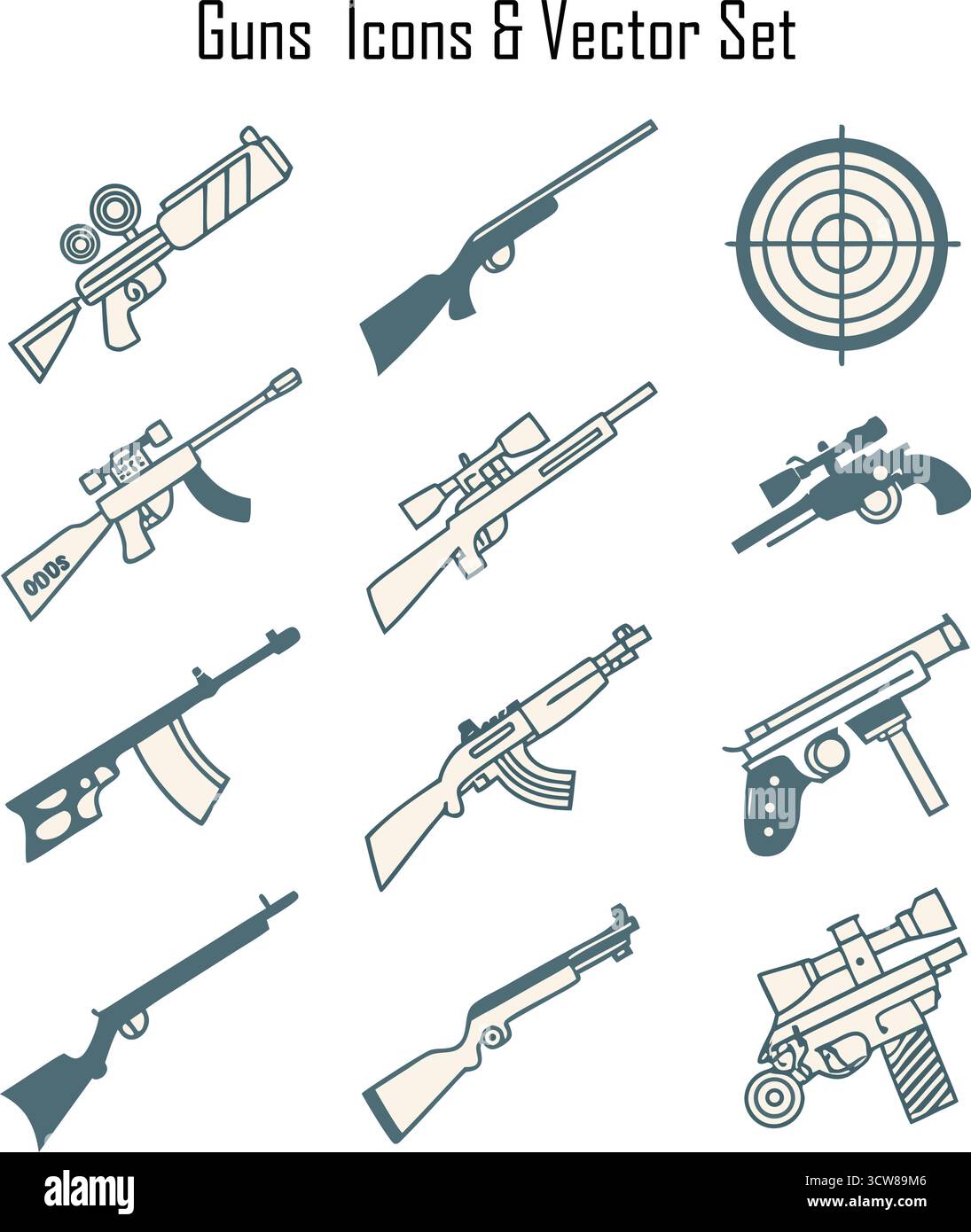 Waffensymbole – Vektorsammlung für Sicherheit, Verteidigung, Schutz, Strafverfolgung und militärische Ausrüstung Stock Vektor