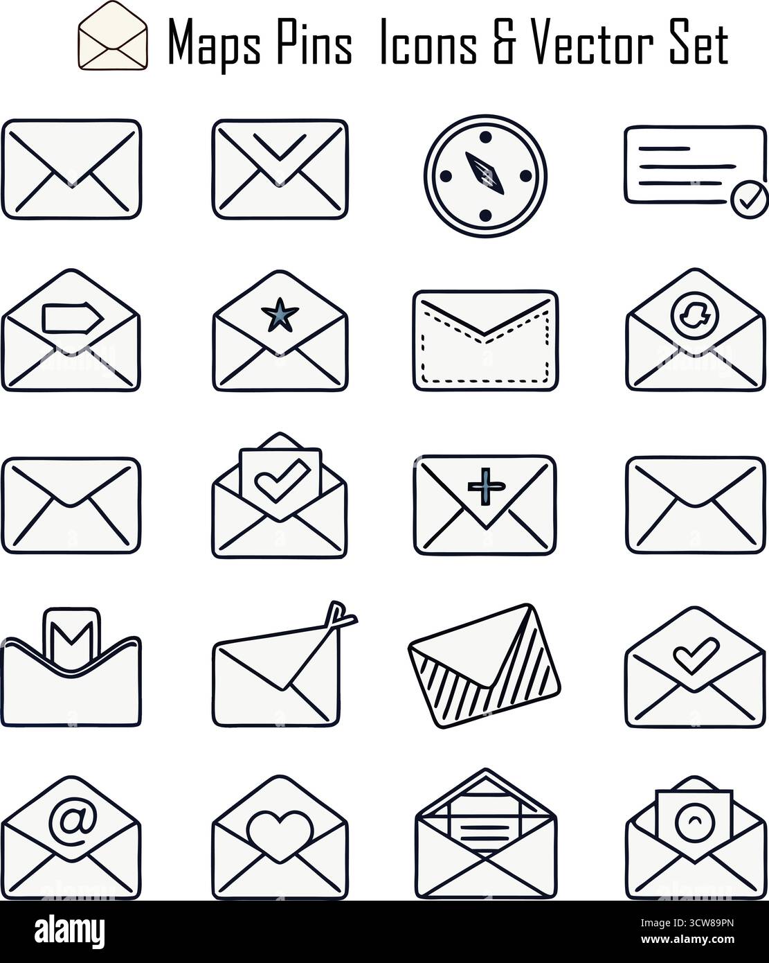 E-Mail-Symbolsatz – Vektorsammlung für Nachrichten, Kommunikation, E-Mail, Posteingang und Online-Korrespondenz Stock Vektor