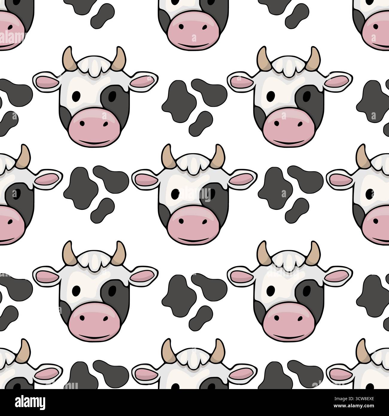Skurriles nahtloses Vektor-Muster mit niedlichen Holstein-Kuhgesichtern und stilisierten schwarzen Flecken auf einem sauberen weißen Hintergrund, ideal für verspielte Designs. Stock Vektor