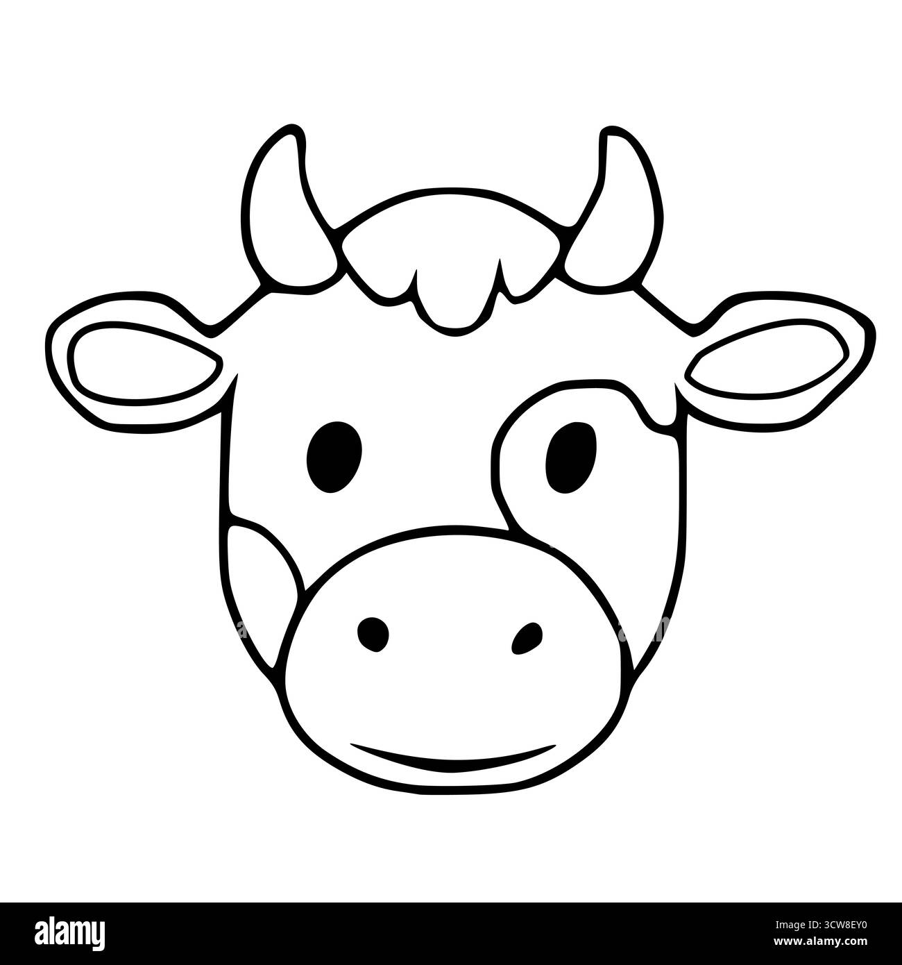 Skurrile Vektor-Illustration eines freundlichen Kuhgesichts mit unverwechselbaren Flecken und einem sanften Lächeln, präsentiert in einem einfachen Umrissstil. Stock Vektor