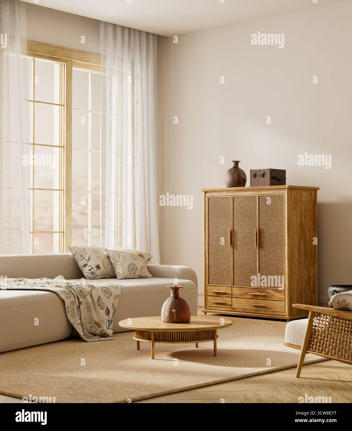 Helles Wohnzimmer mit beigefarbenem Sofa, Holzmöbeln, neutralen Farbtönen und Tageslicht, perfekter minimalistischer Stil. Modernes Wohnzimmer. 3D-Abbildung Stockfoto