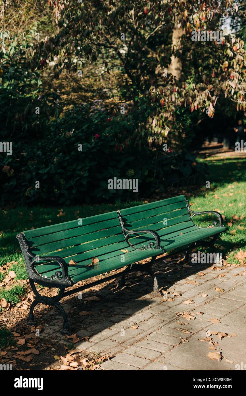 Zwei grüne Bänke sitzen ruhig in einem schattigen Bereich, umgeben von Bäumen und weichem Gras, perfekt zum Ausruhen an einem sonnigen Tag. Stockfoto