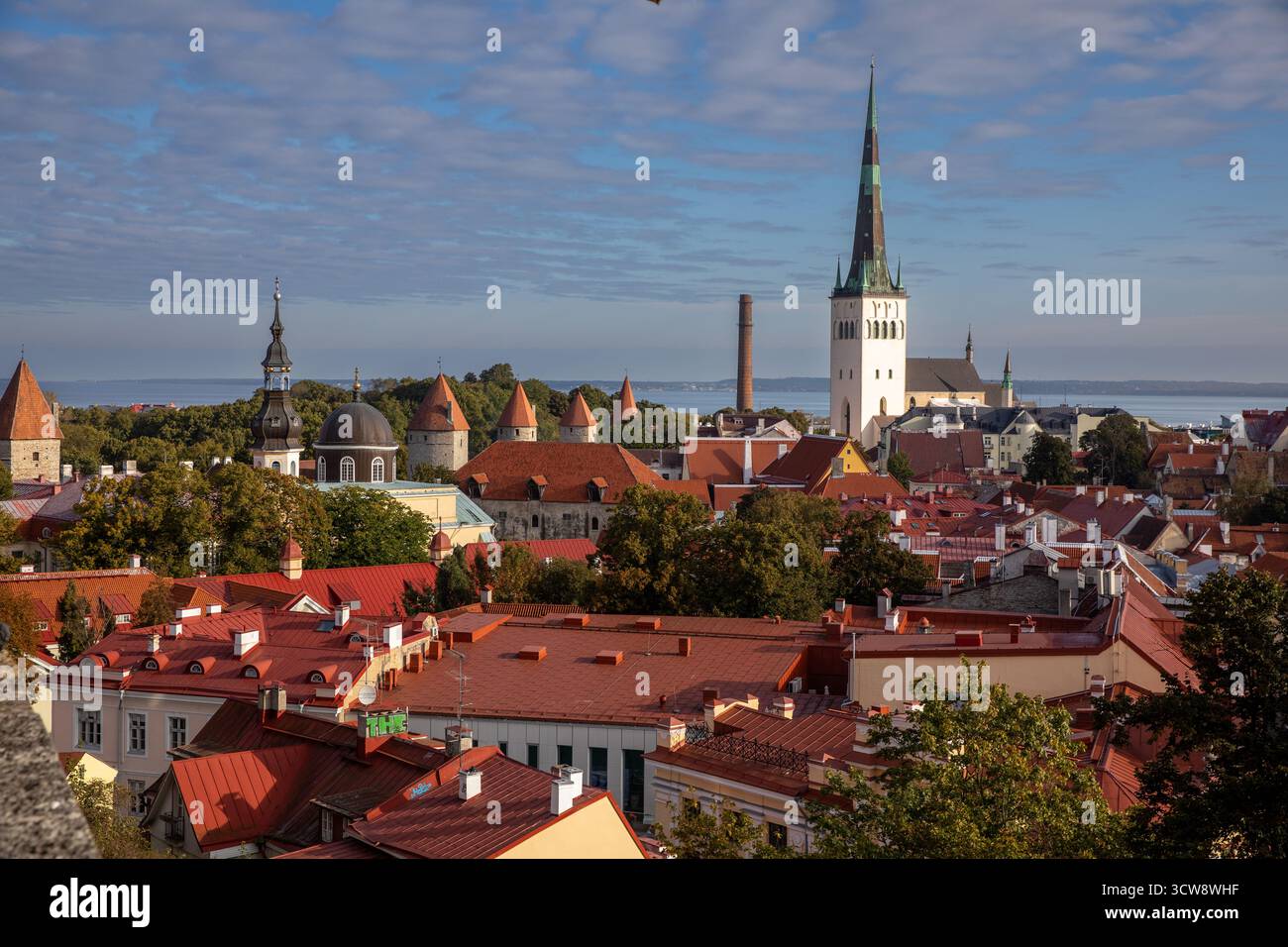Die Kirche St. Olaf steht stolz über der Hauptstadt Estlands, Tallinn Stockfoto