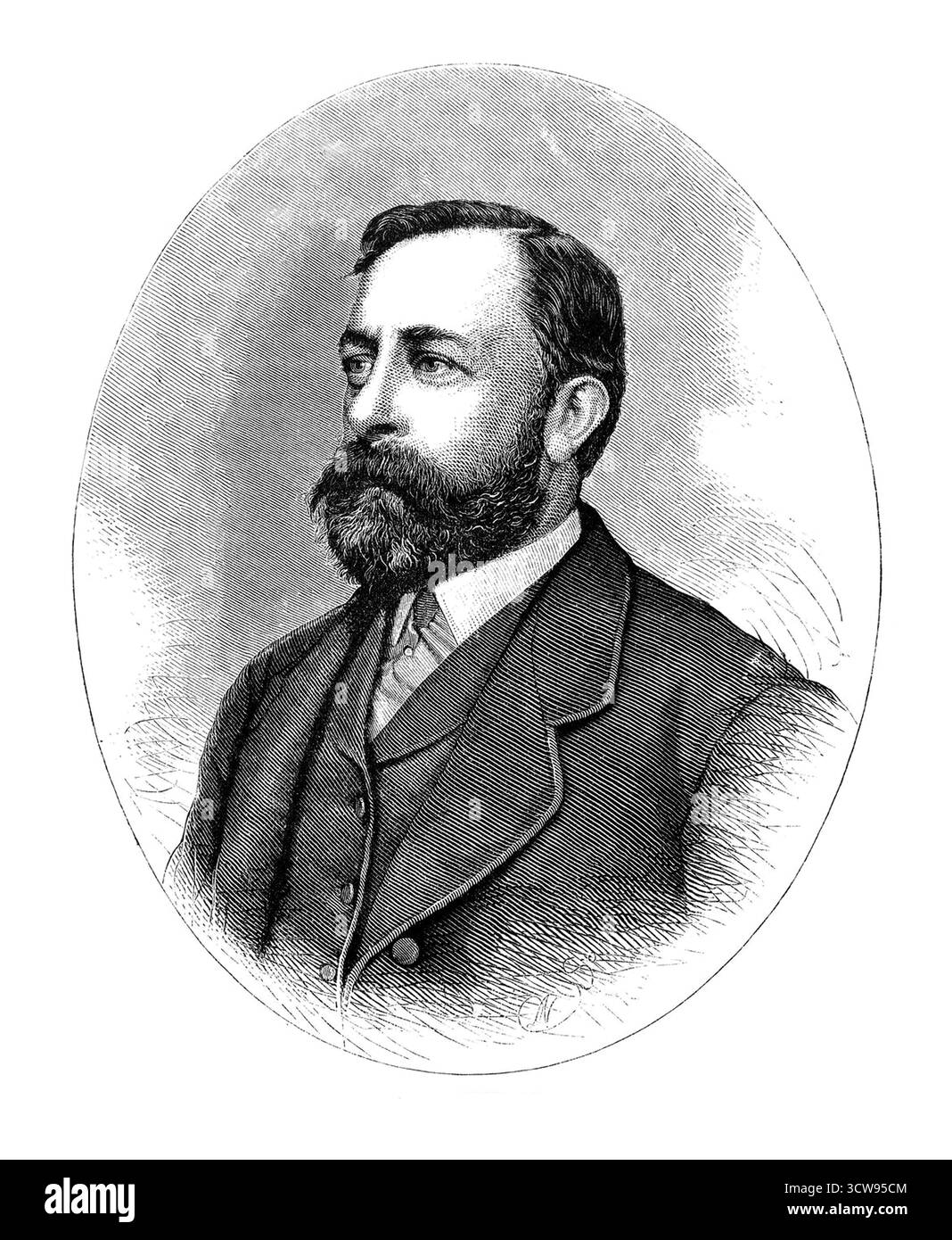 1875 c , New York , USA : der deutsch-amerikanische Maler ALBERT BIERSTADT ( 1830–1902 ) . Am besten bekannt für seine üppigen, weitläufigen Landschaften des amerikanischen Westens. Er schloss sich mehreren Reisen der Westausweitung an, um die Szenen zu malen. Er war nicht der erste Künstler, der die Stätten aufzeichnete, aber er war der führende Maler für den Rest des 19. Jahrhunderts. Unbekannter Stecher , aus einem originalen Fotoporträt von Sarony , New York - . GESCHICHTE - Foto STORICHE - PORTRÄT - RITRATTO - barba - Bart - ARTE - VISUELLE KUNST - ARTI VISIVE - PITTORE - Kragen - Colletto - Krawatte - Krawatte - Krawatte - EPOCA VITTORIANA Stockfoto