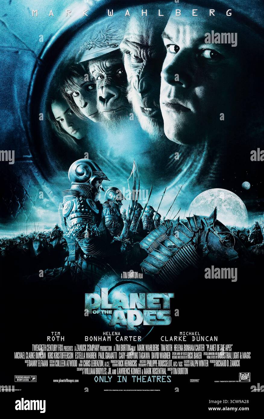 Planet of the Apes (2001) von Tim Burton mit Mark Wahlberg, Tim Roth und Helena Bonham Carter. Ein verlorener Astronaut landet auf einem Planeten, der von intelligenten Affen regiert wird und um die Freiheit kämpft. Foto eines Original-Posters aus dem Jahr 2001 (NUR FÜR REDAKTIONELLE ZWECKE). Quelle: BFA / 20th Century Fox Stockfoto
