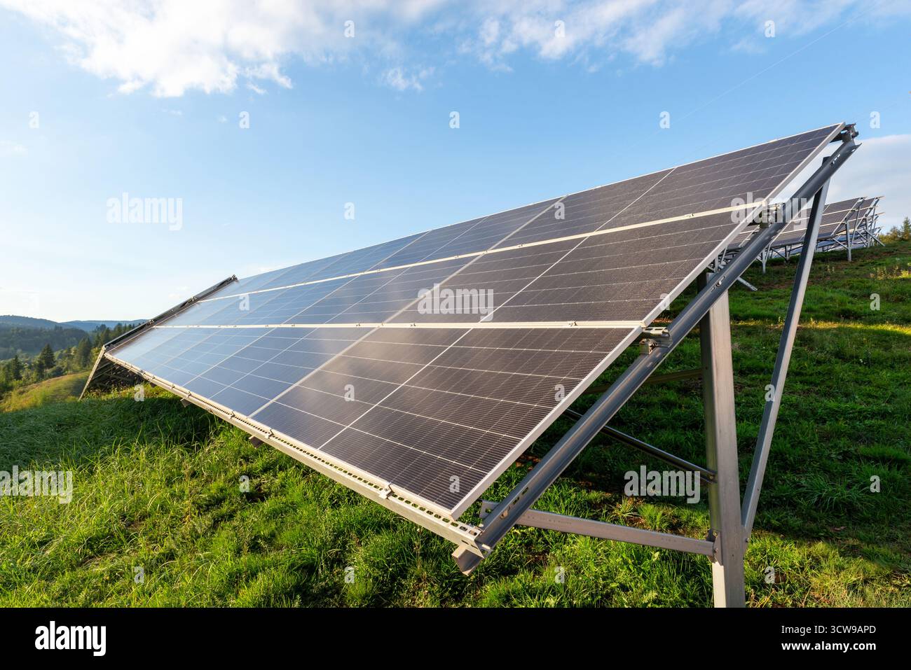 Große Solarkollektorinstallation auf grünem Hügel, die bei hellem Morgensonnenlicht erneuerbaren Strom erzeugt Stockfoto