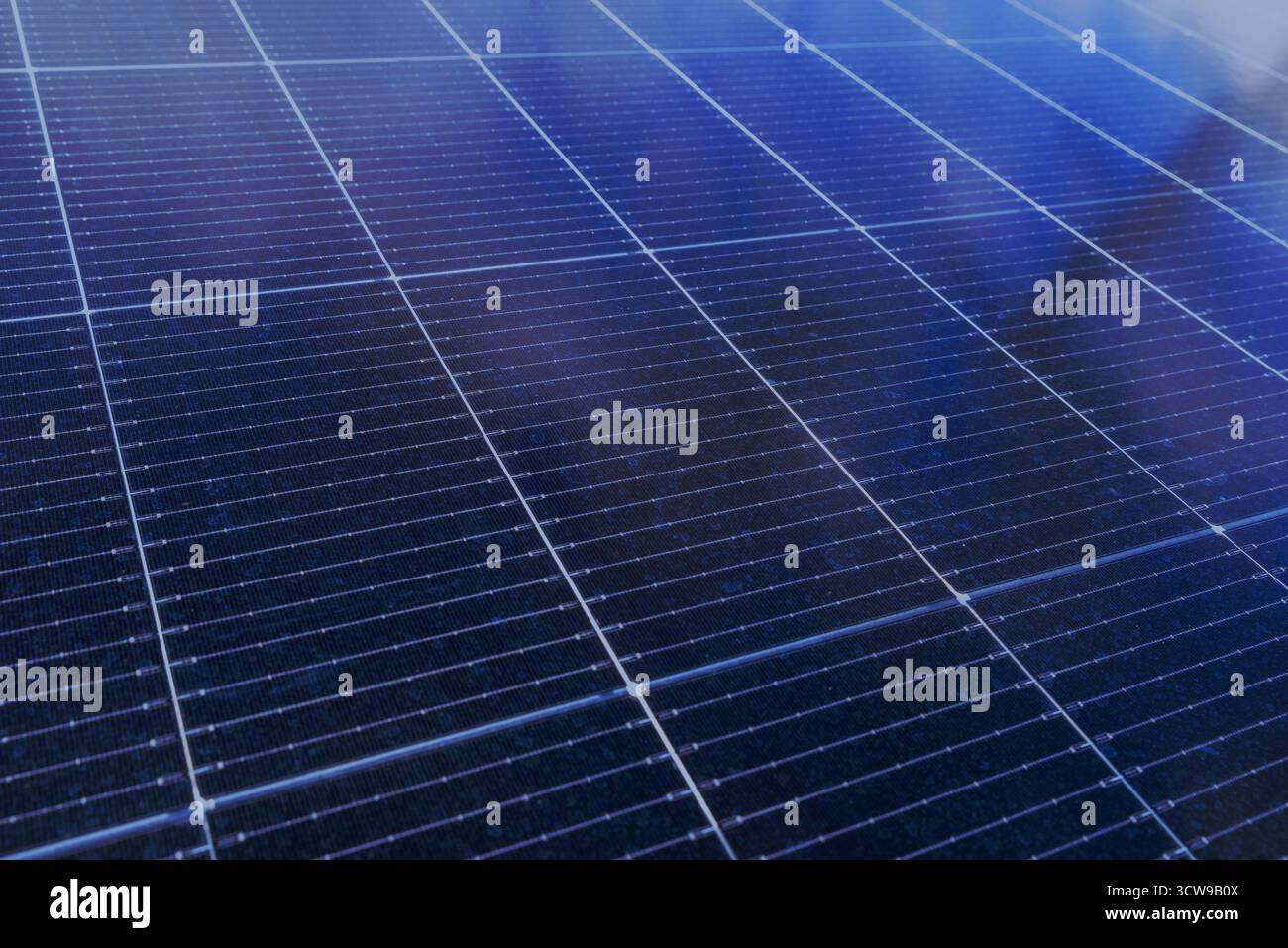 Detailansicht blauer Photovoltaik-Solarzellen, die Sonnenlicht für die Stromerzeugung aus erneuerbaren Energiequellen erfassen Stockfoto