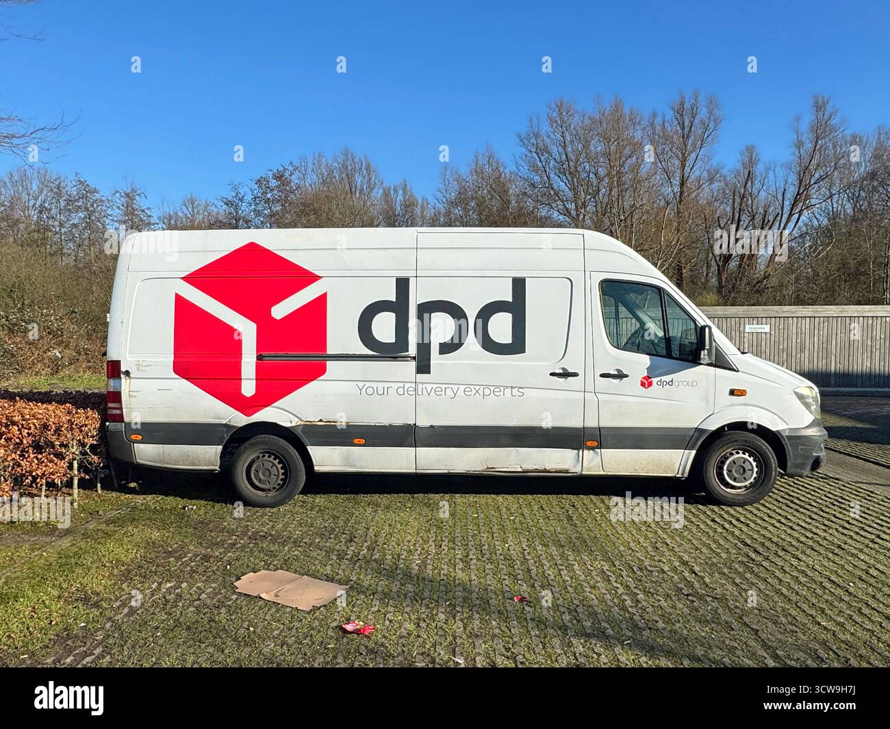 Amsterdam, Niederlande - 1. Februar 2025: DPD-Lieferwagen parkt auf einem öffentlichen Parkplatz. Niemand im Fahrzeug. Stockfoto