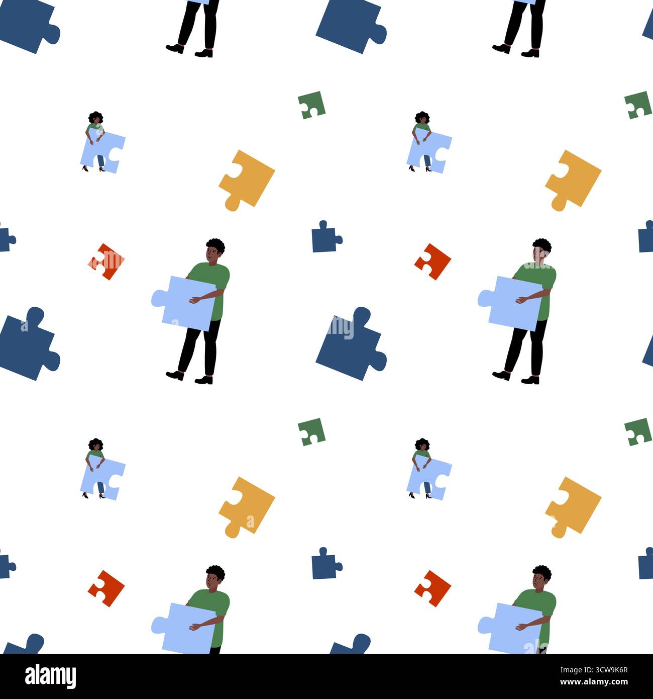 Menschen, die mit bunten Puzzleteilen in einer spielerischen und kreativen Umgebung interagieren Stock Vektor